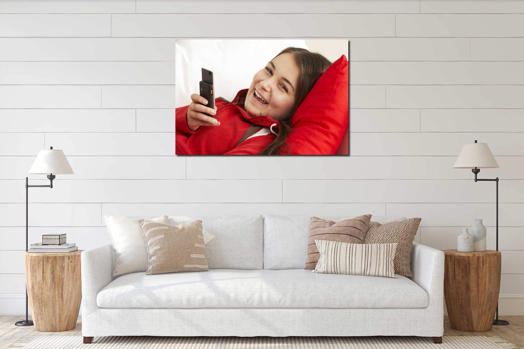 Young Girl Reading Text Message interior mockup