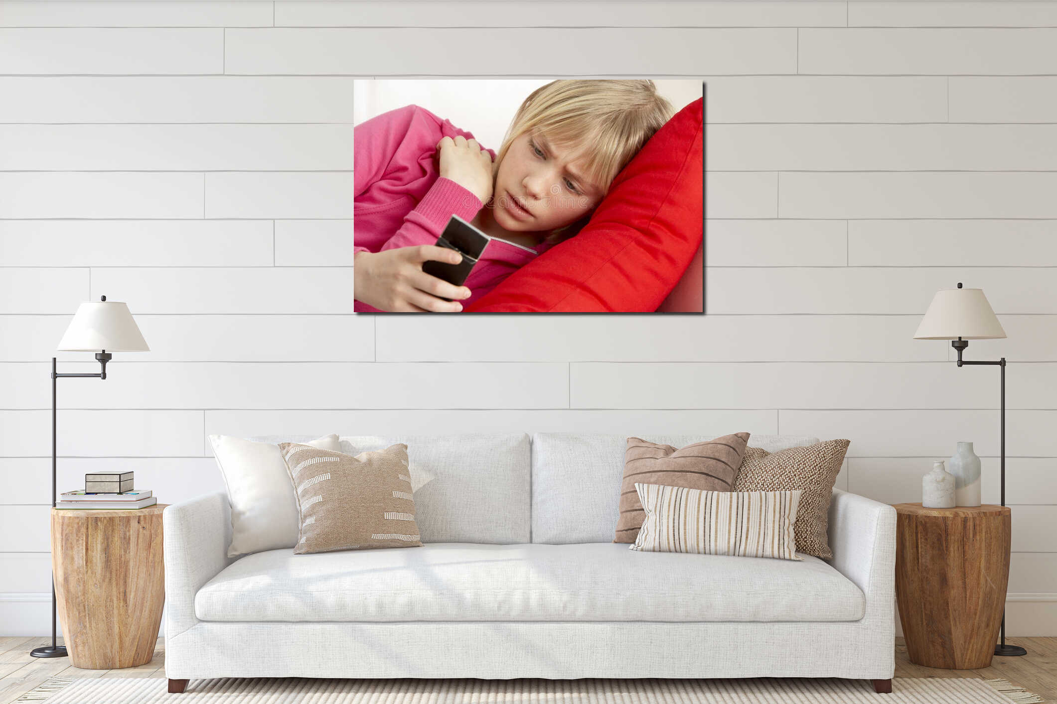 Young Girl Reading Text And Looking Worried interior mockup