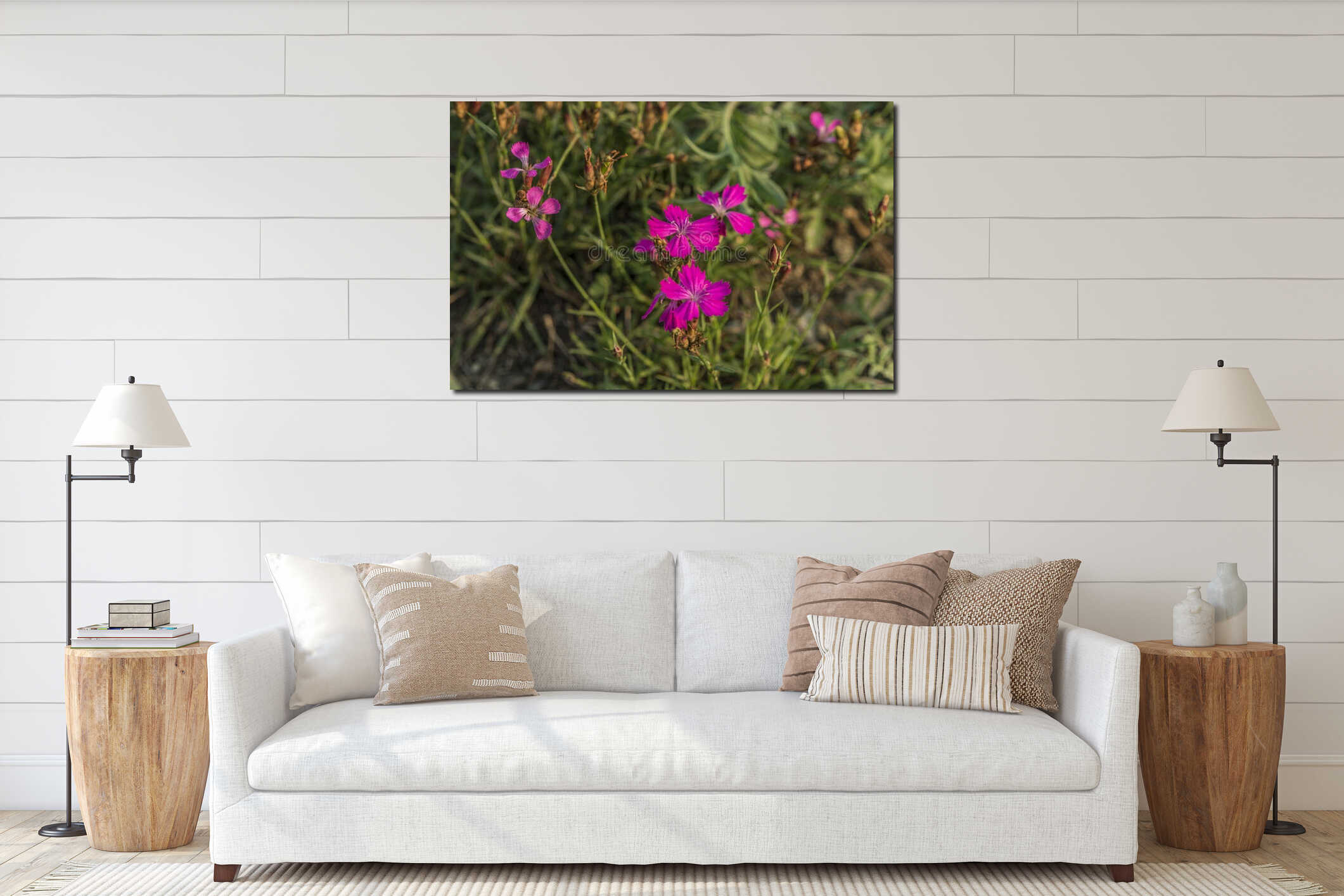 Violet pink flowers in green grass interior mockup