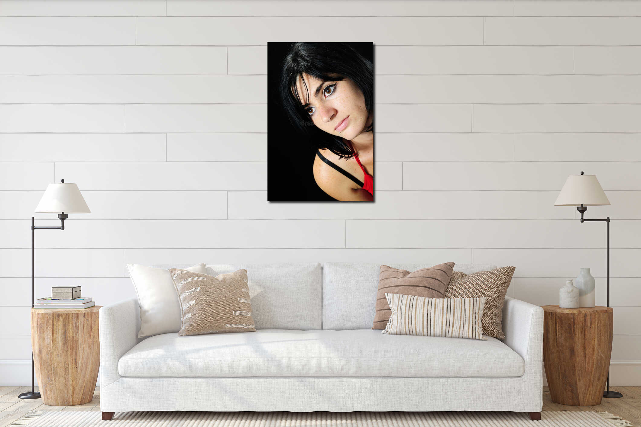 Gorgeous brunette girl interior mockup