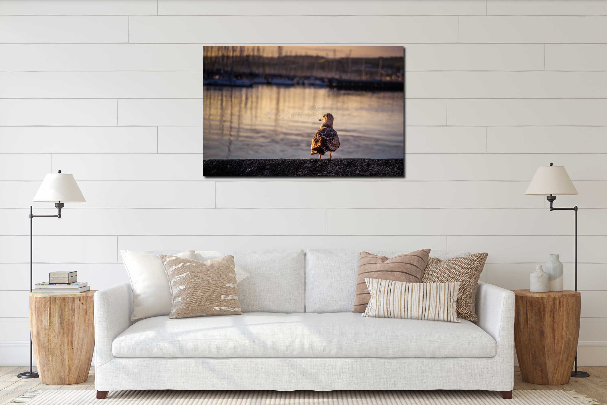 Seagull standing on a wall interior mockup
