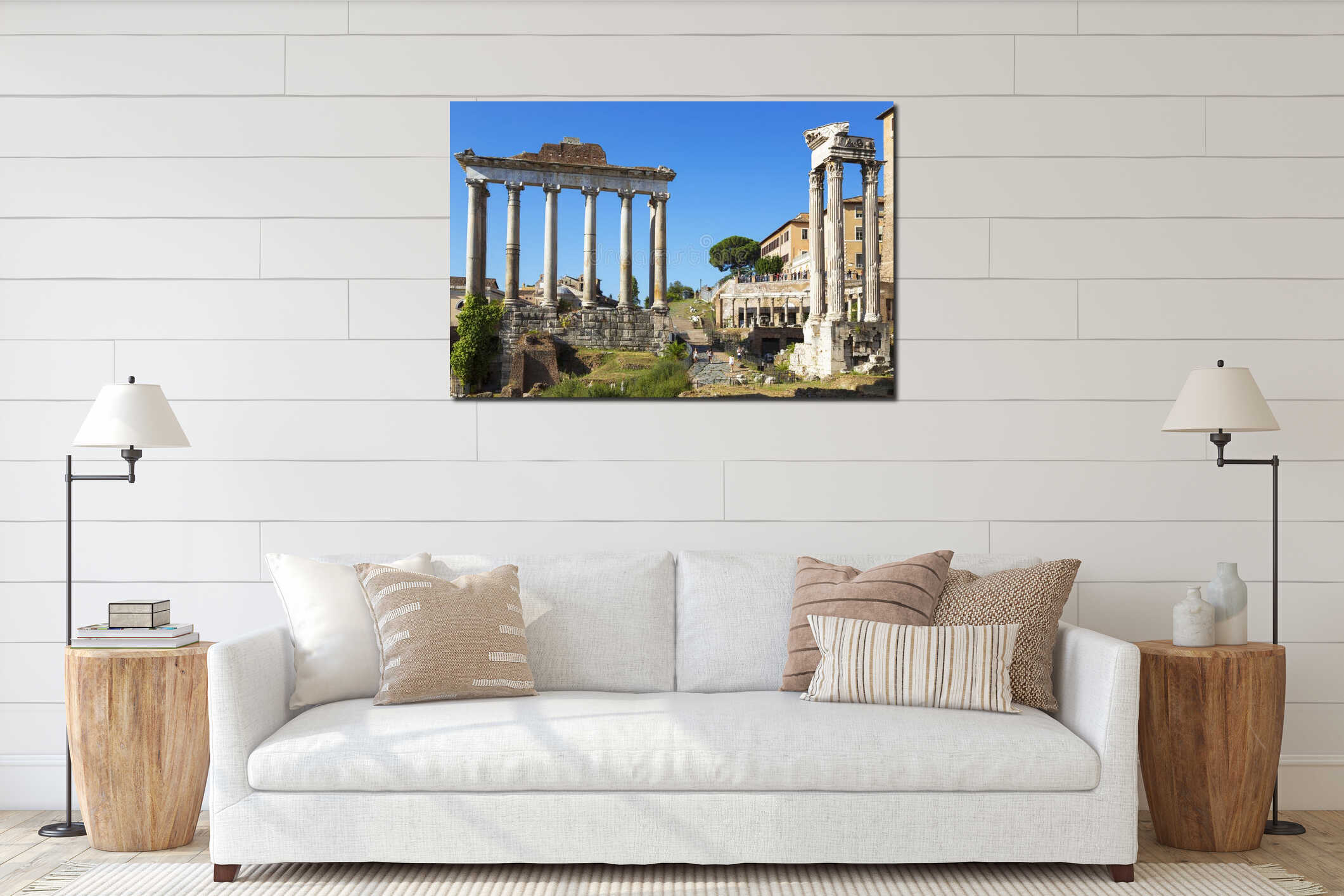 View of the ruins of the Roman Forum with the temple of Saturn. Rome interior mockup