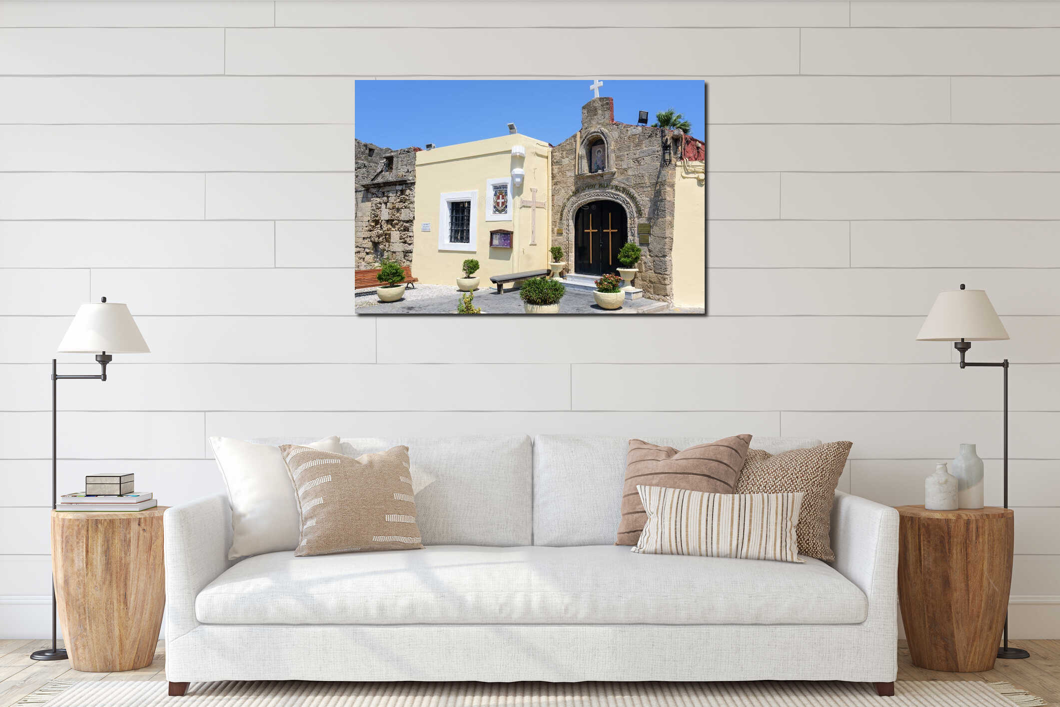 Small Greek church mounted in wall of old fortress in Rhodes town on Rhodes island interior mockup