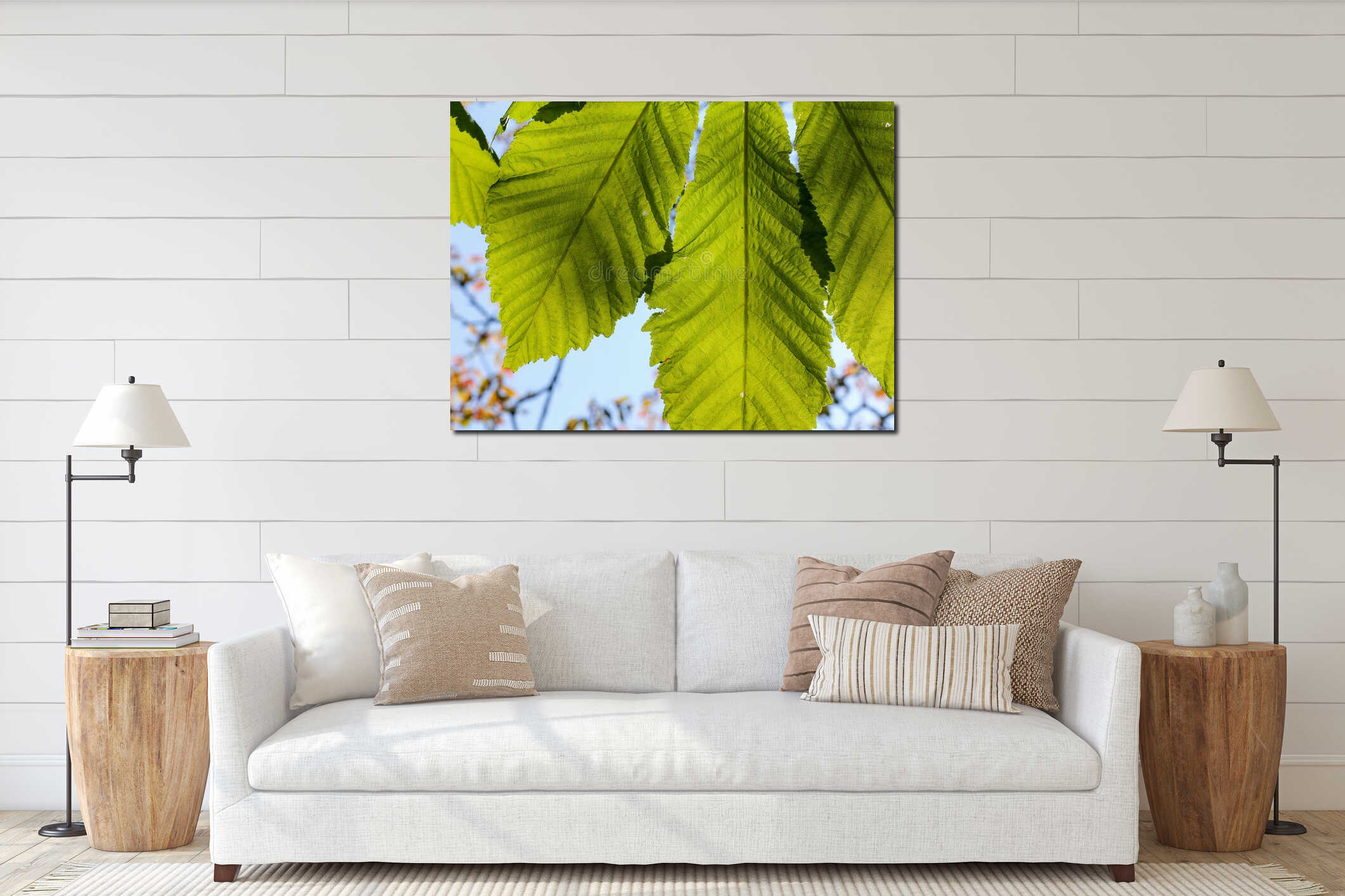 Horse chestnut leaf illuminated with a bright green foliage interior mockup