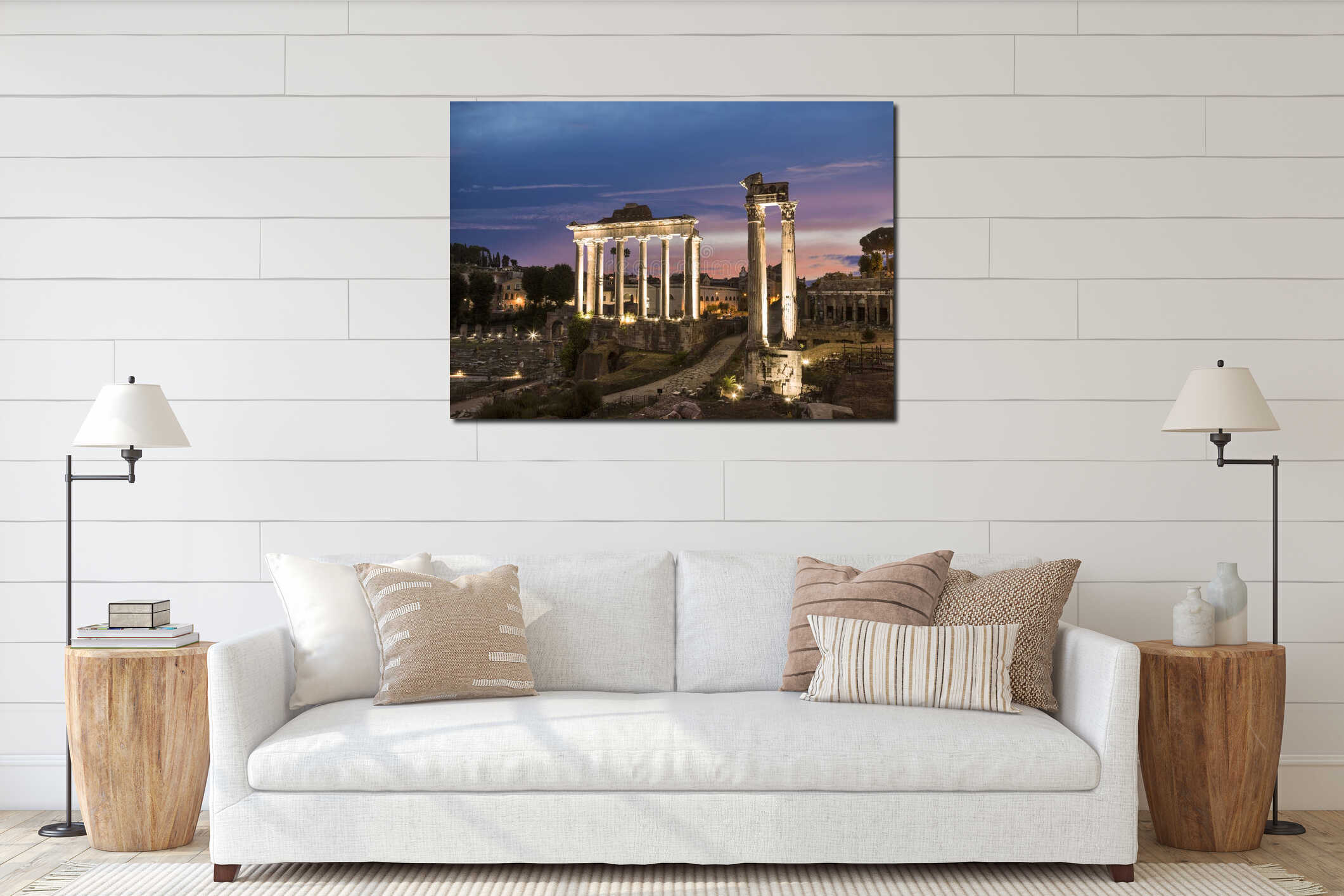 View of the ruins of the Roman Forum with the temple of Saturn. Rome interior mockup