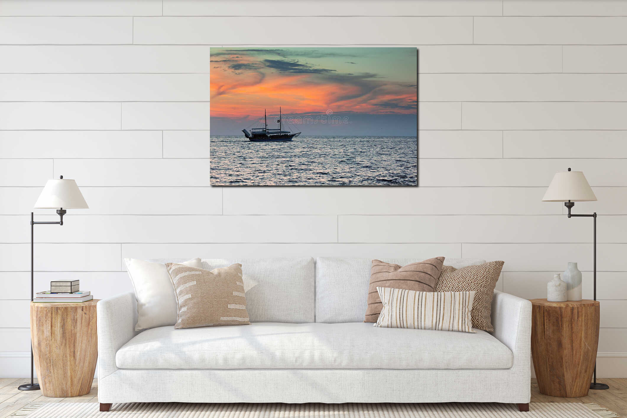 Ship sailing against colorful sky after sunset over the sea interior mockup