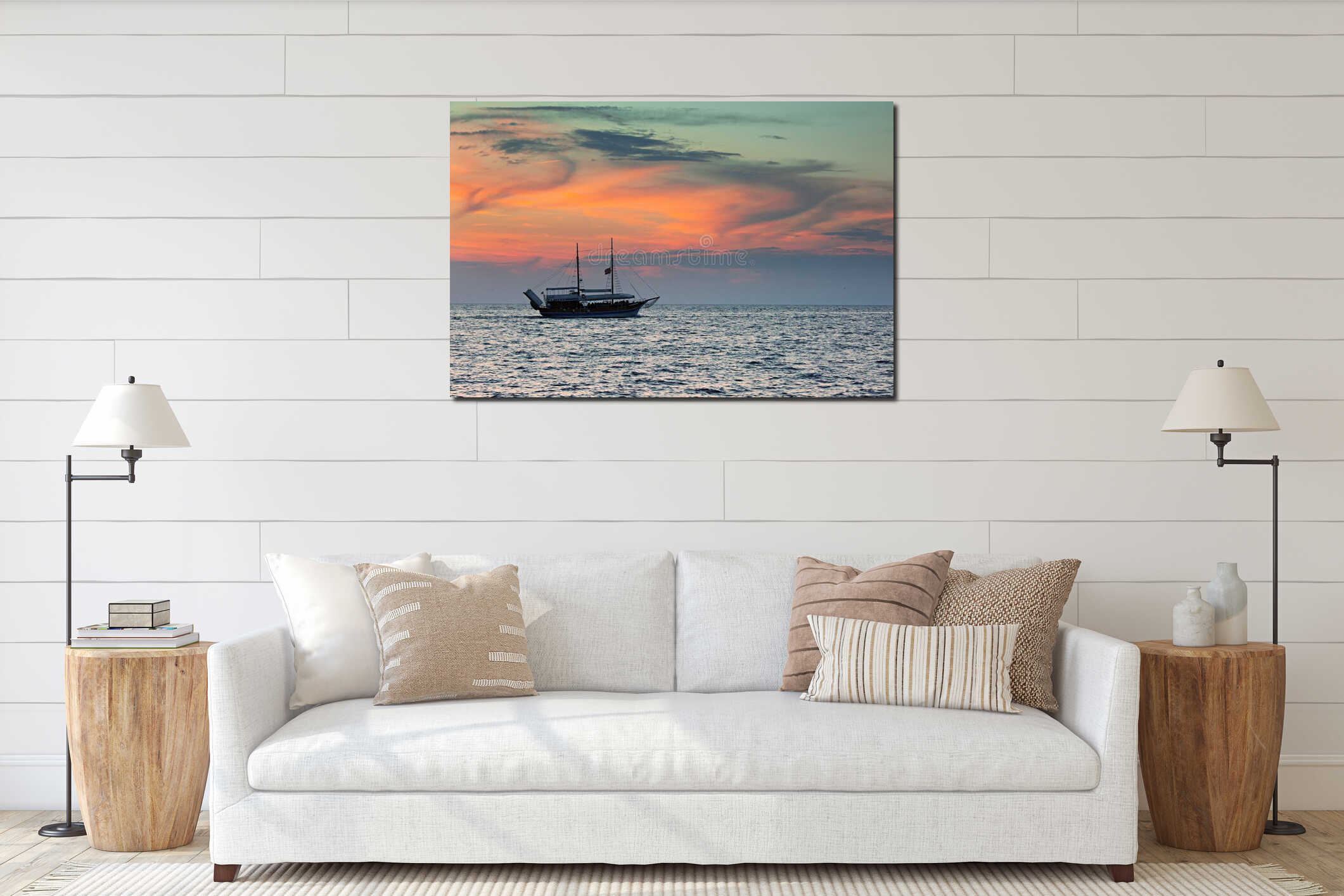 Ship sailing against colorful sky after sunset over the sea interior mockup