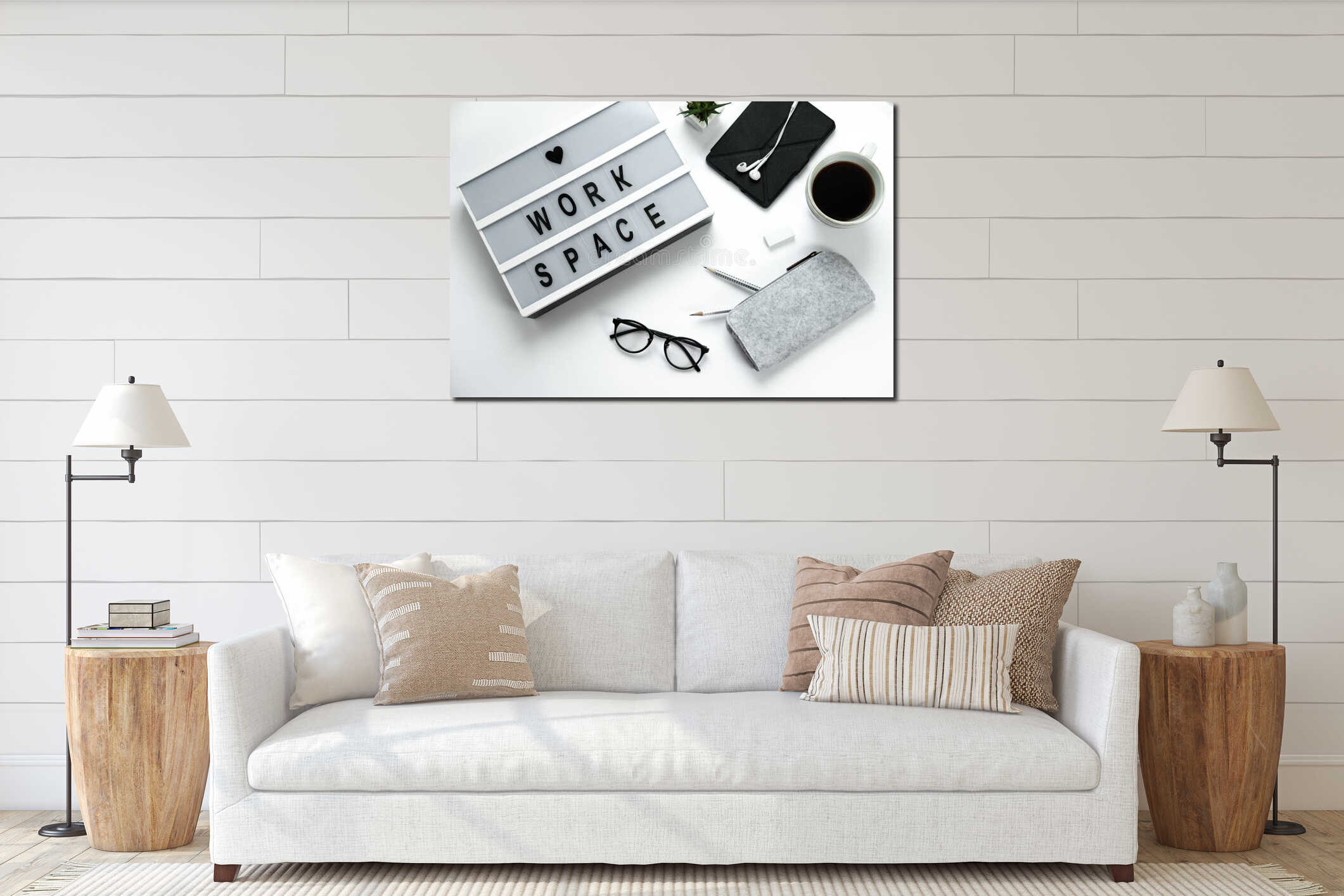 Stylish hipster white desktop top view, coffee, glasses, headph interior mockup
