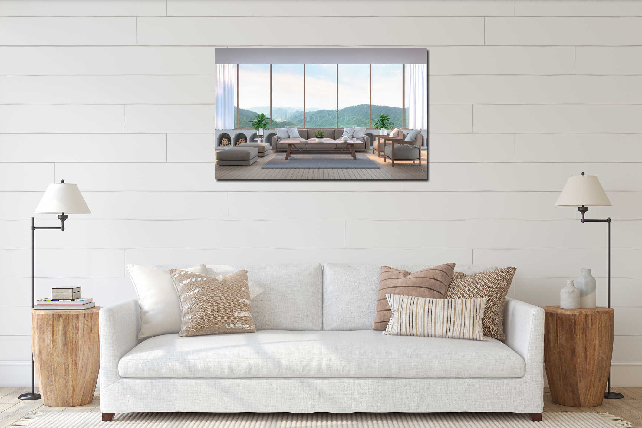 Modern living room with mountain view 3d rendering image. interior mockup