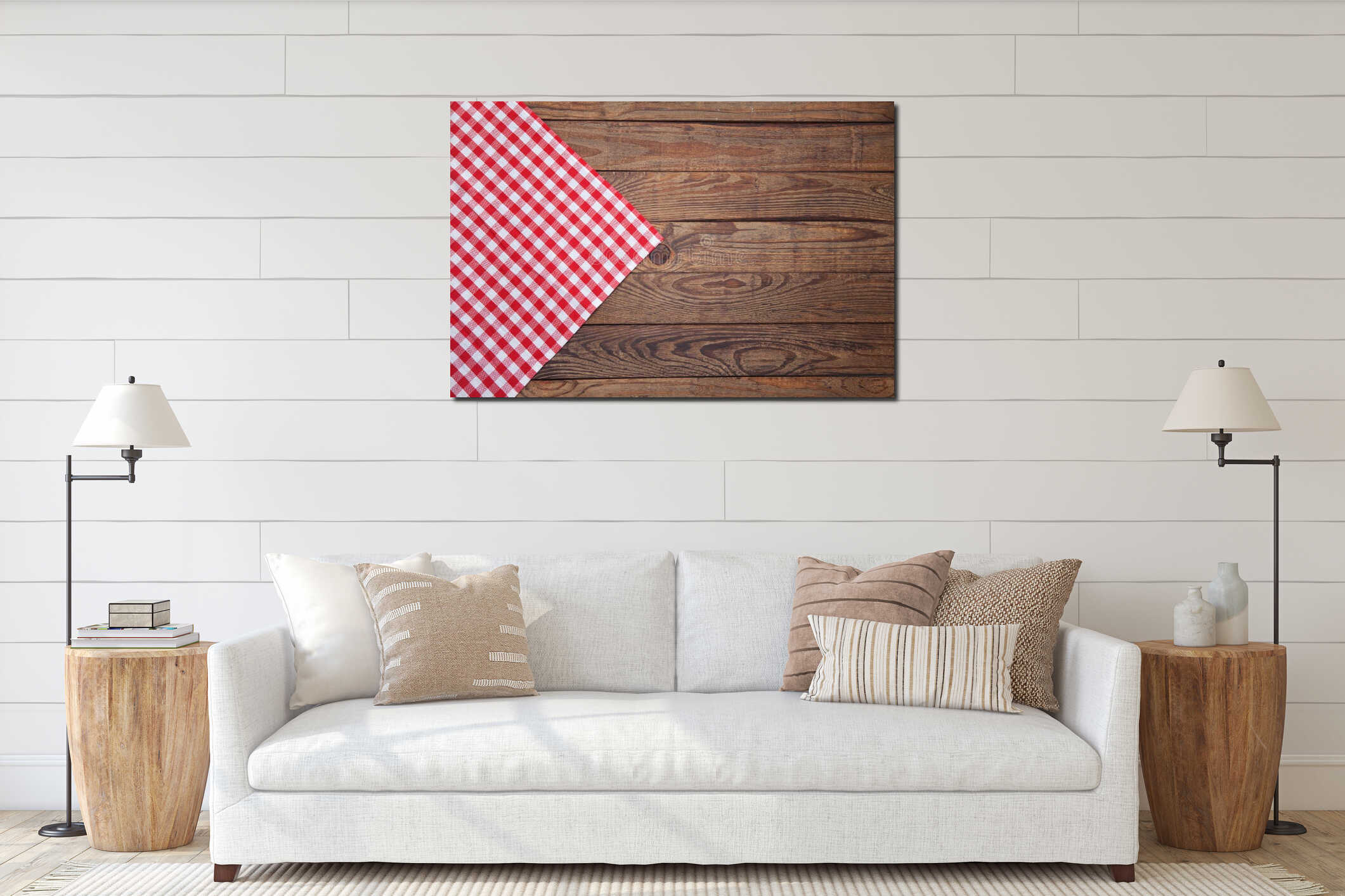 Old vintage wooden table with a red checkered tablecloth. Top view mockup. interior mockup