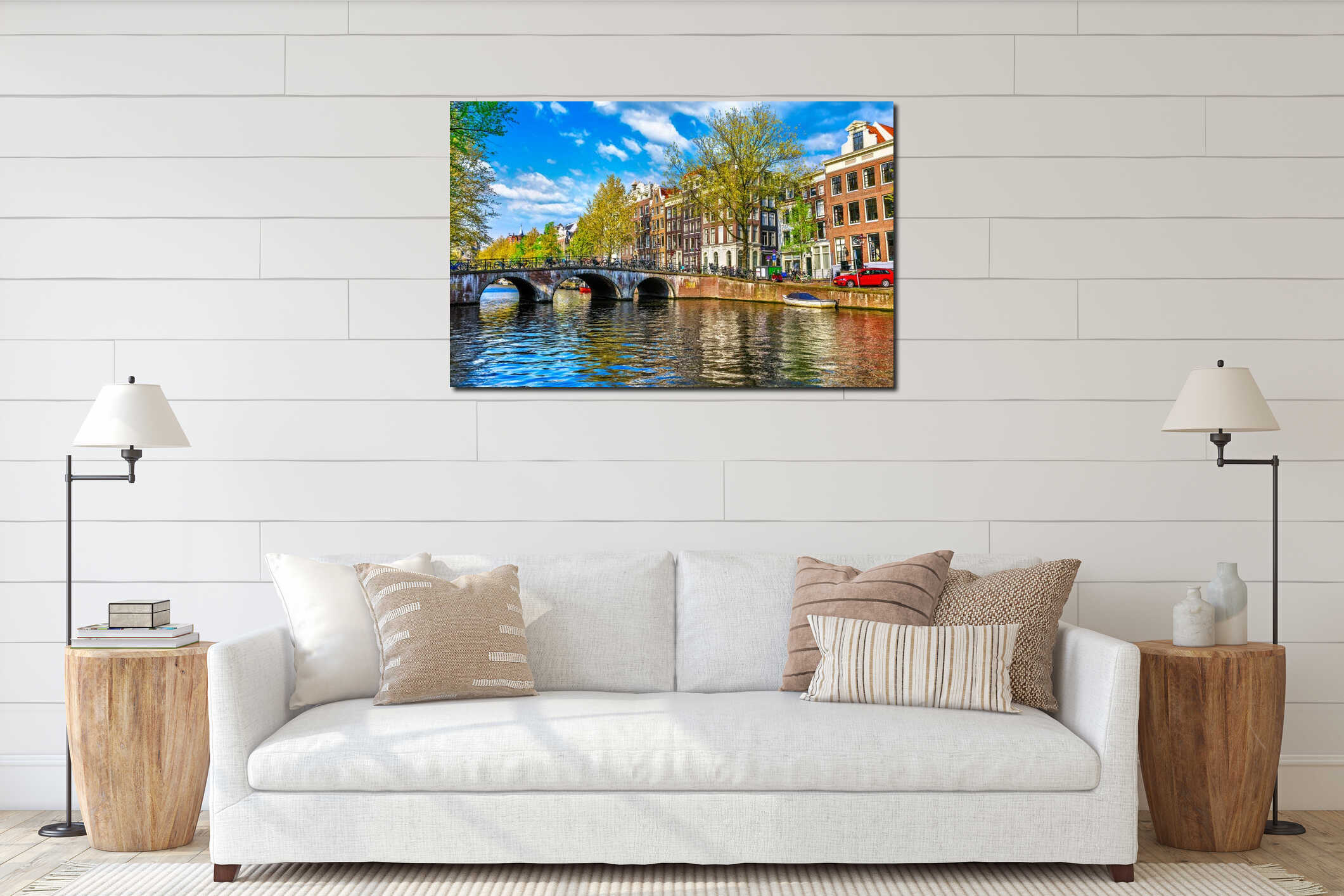 Bridge over channel in Amsterdam Netherlands houses river Amstel interior mockup