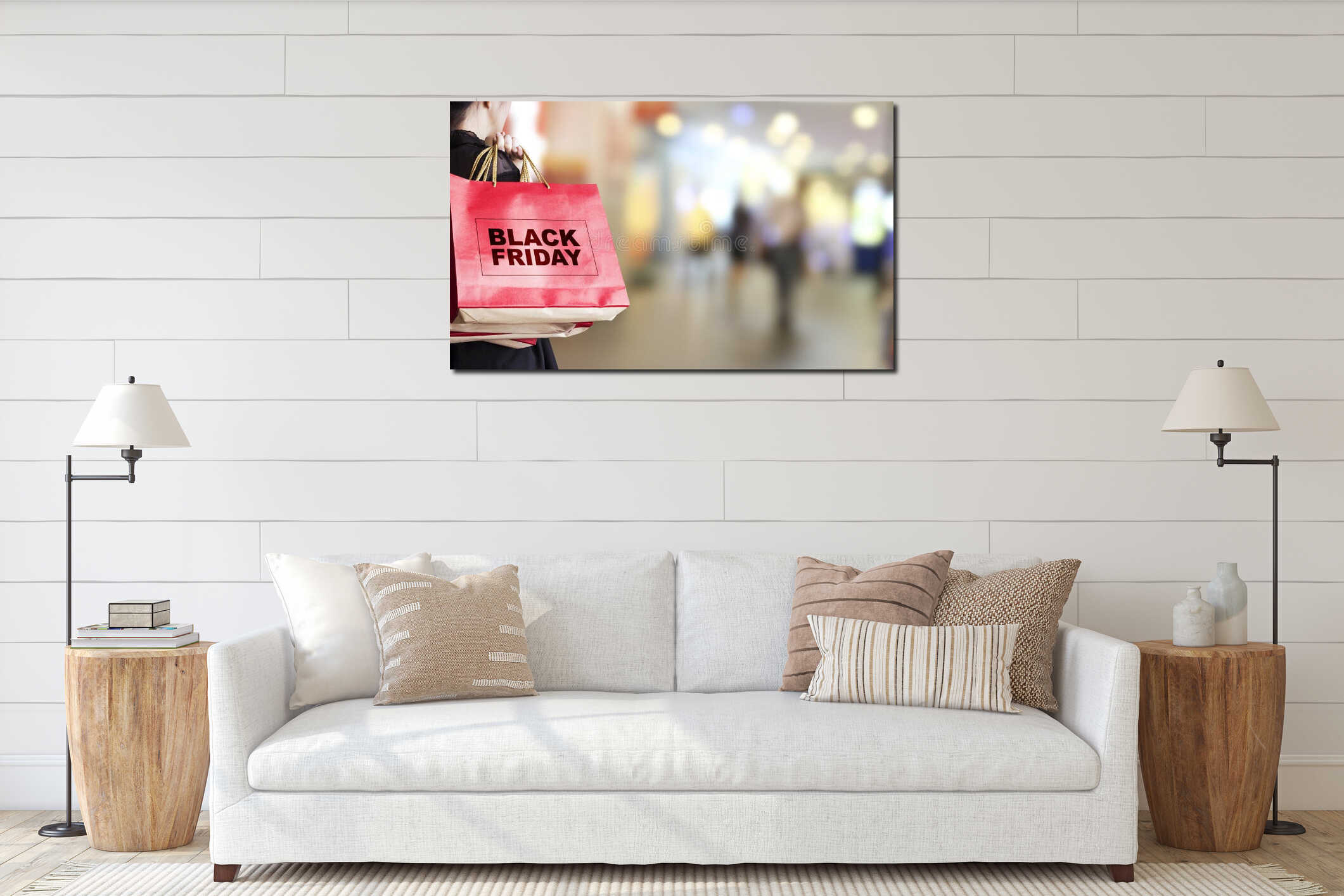 Young woman holding black friday shopping bag interior mockup