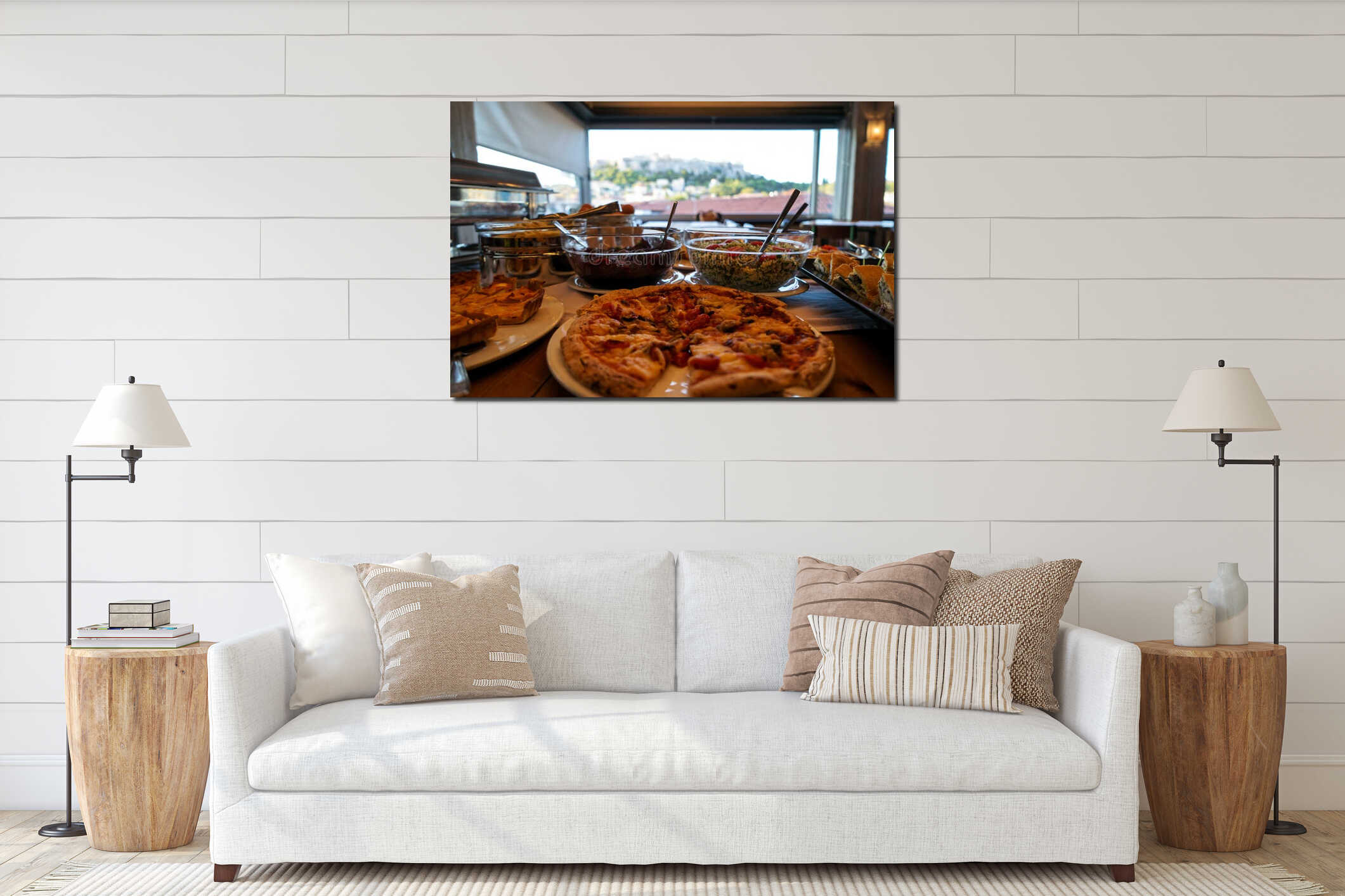 Greek breakfast buffet table full with varieties of food with pizza foreground and Acropolis view from afar interior mockup