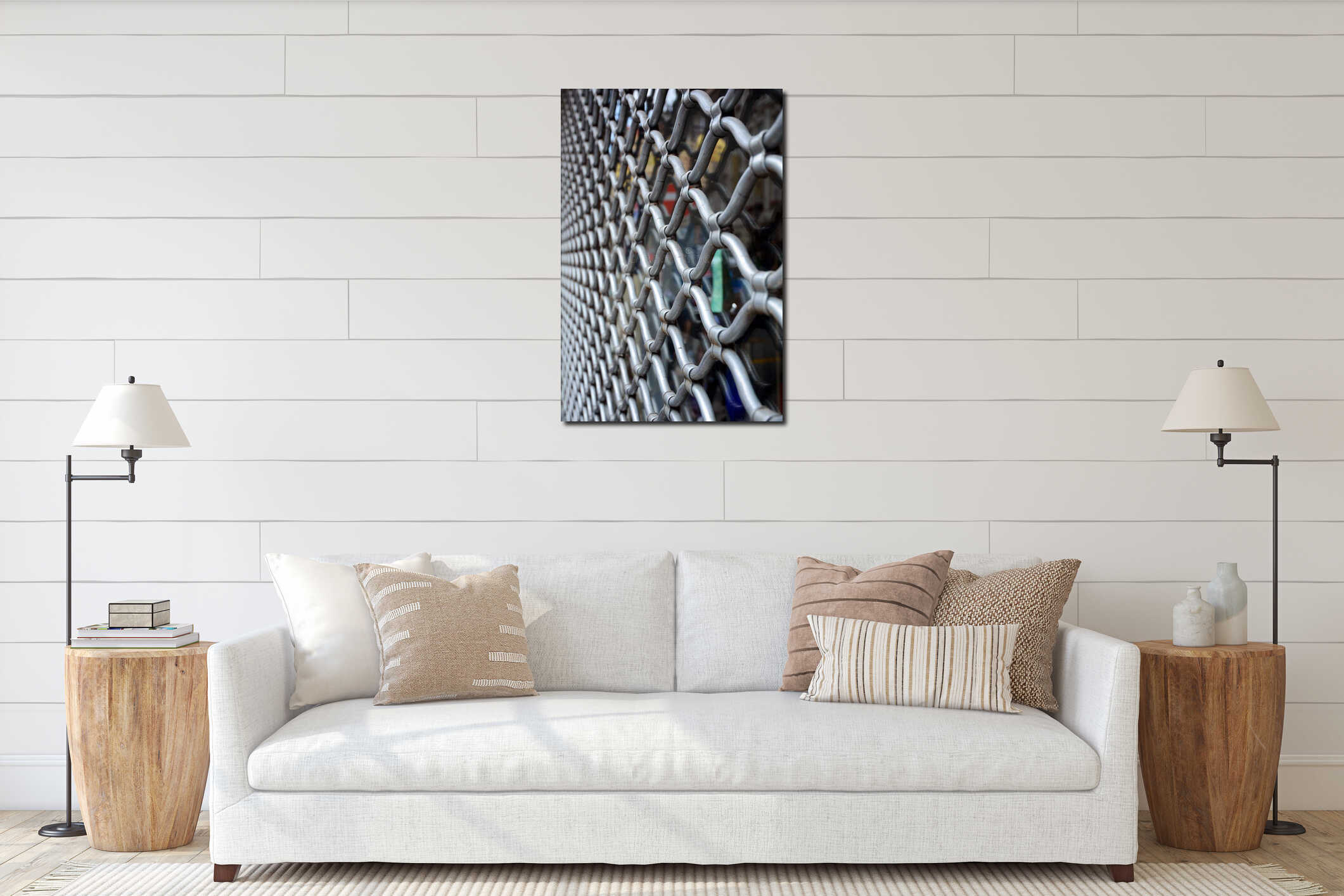 Decorative metal lattice on the window. Decorative grille interior mockup