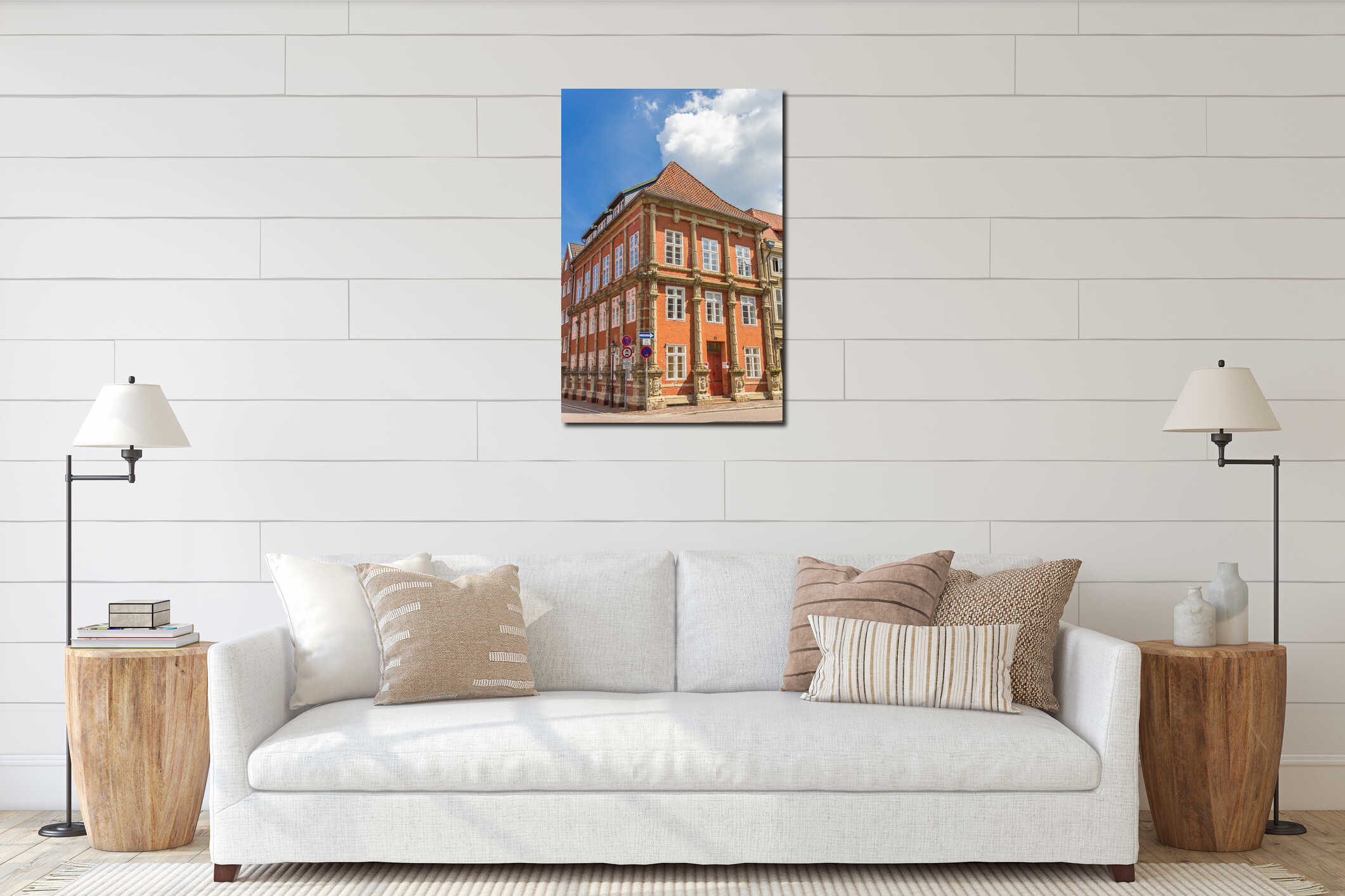 Colorful orange house in the historic center of Luneburg interior mockup