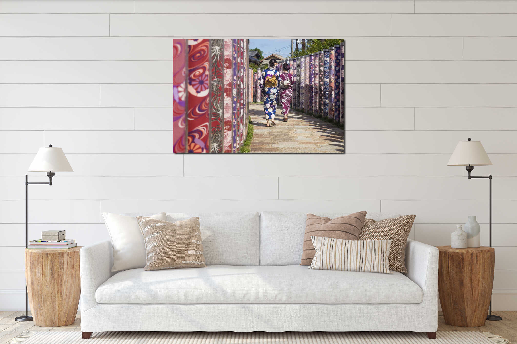 Arashiyama, Kyoto, Japan - September 18 2017: Two woman with kimonos walk through poles with traditional kimono cloth interior mockup