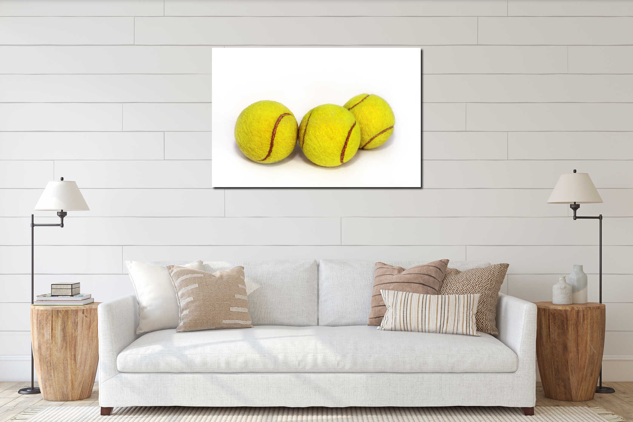 Tennis balls on white background interior mockup