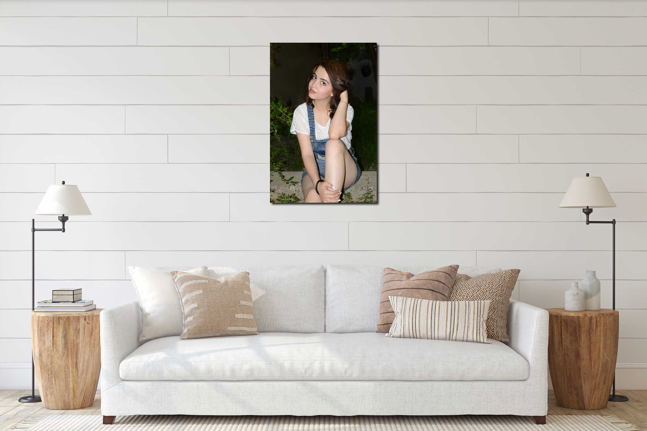 Portrait of the girl on dark background interior mockup