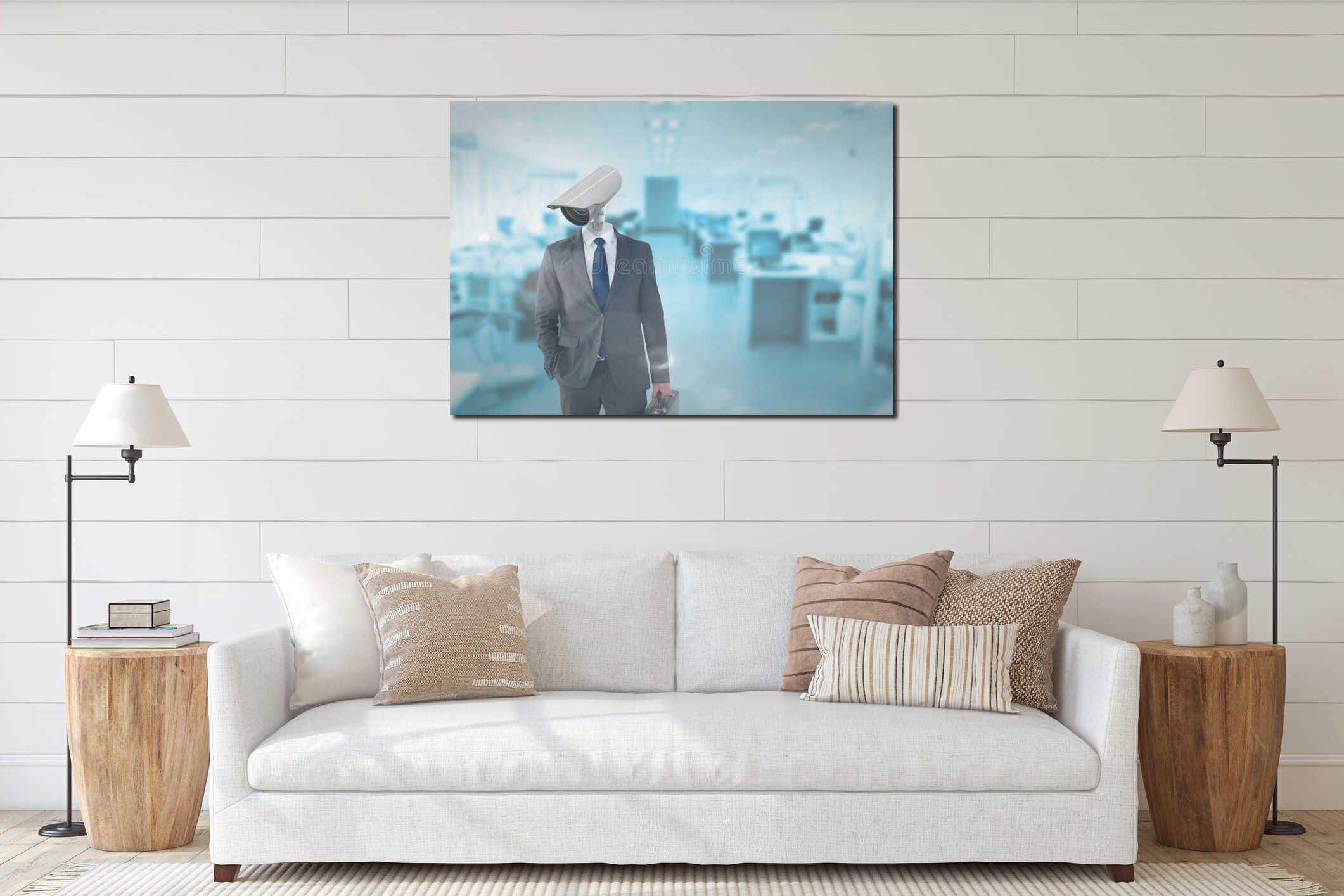 Businessman with CCTV head at office interior mockup