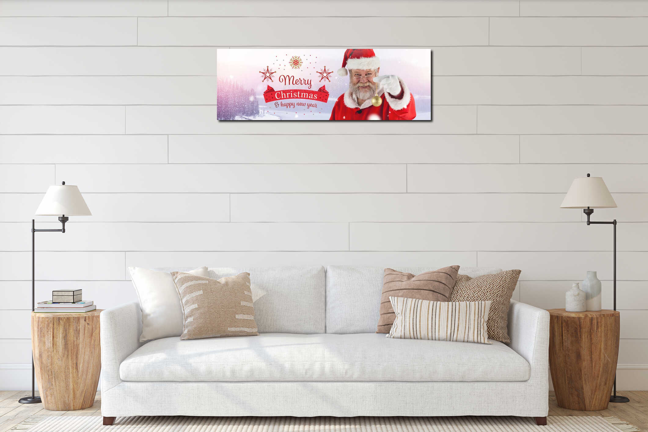 Merry Christmas Happy New Year text and Santa Claus in Winter with Christmas bauble decoration interior mockup