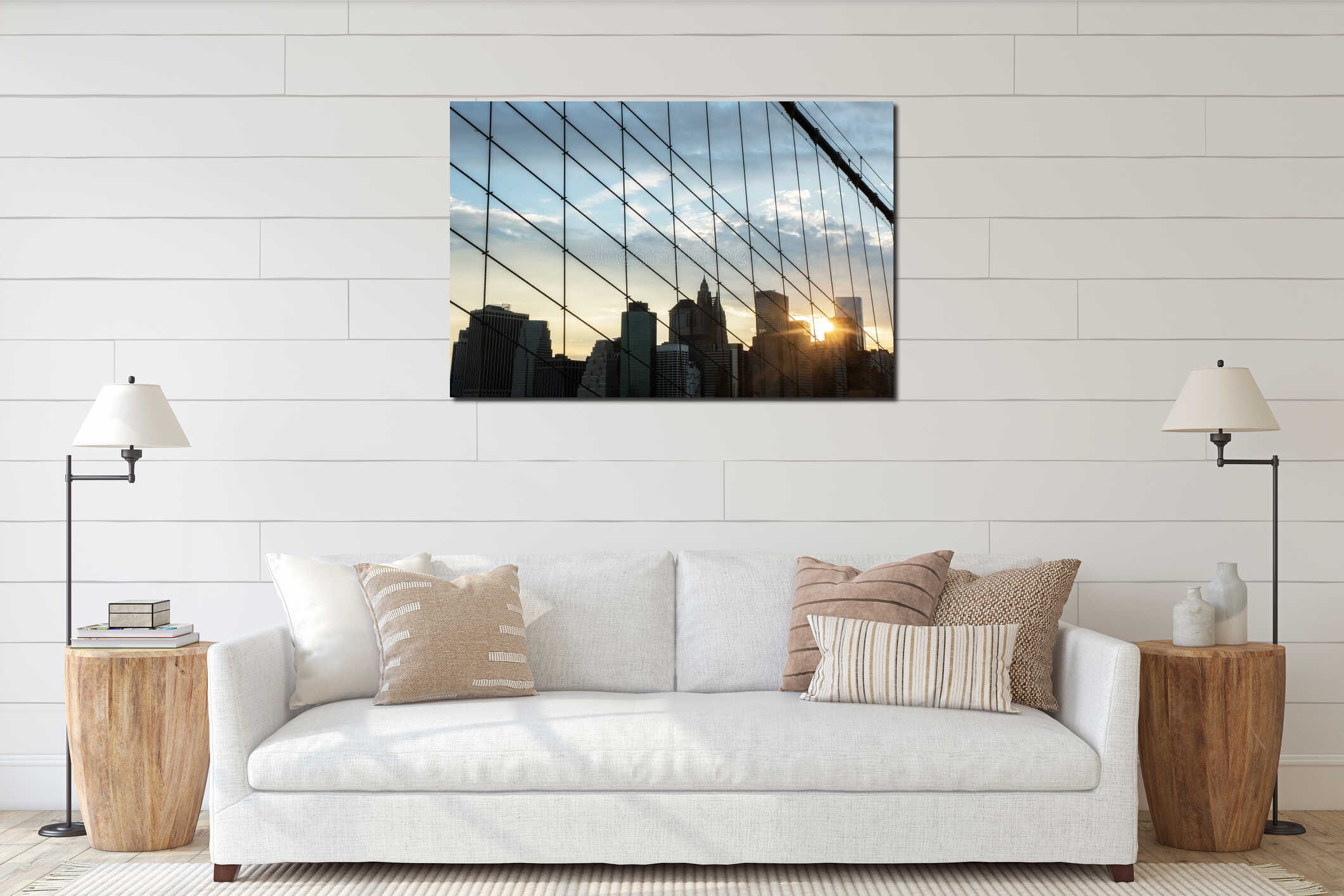 Wall street buildings on the brooklyn bridge at sunset time interior mockup
