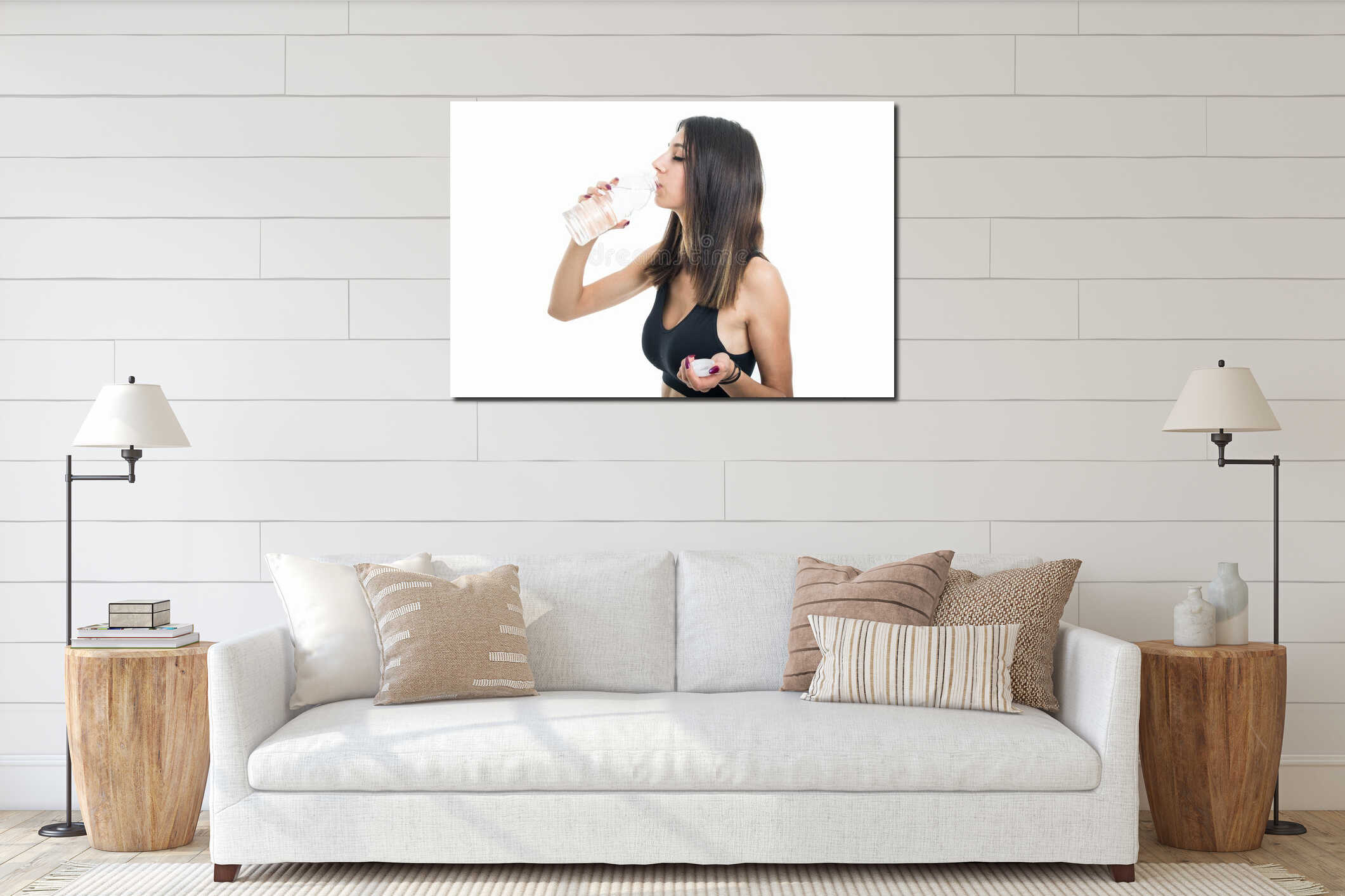 Side view of fit girl drinking bottle of water interior mockup