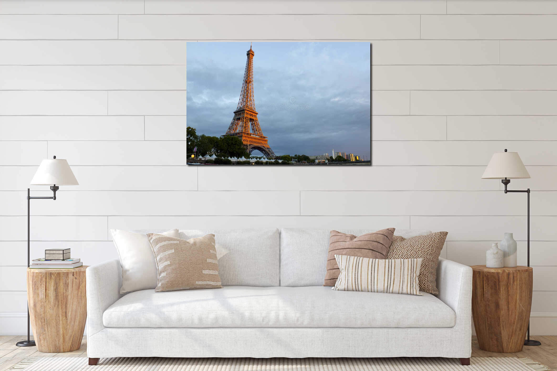 Eiffel tower illuminated with the sun at night, in Paris interior mockup