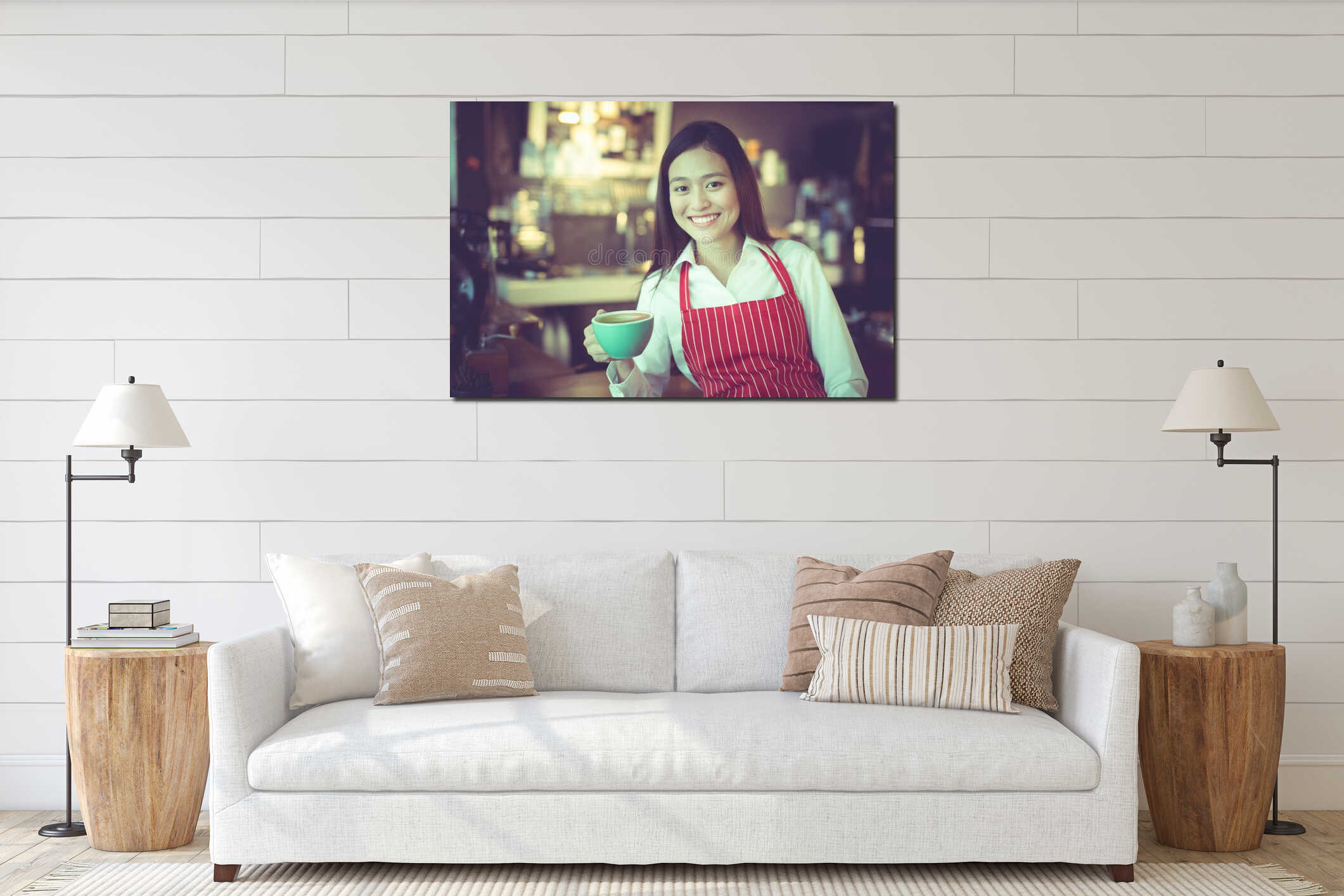 Asian woman barista smiling with a cup of coffee in her hand interior mockup