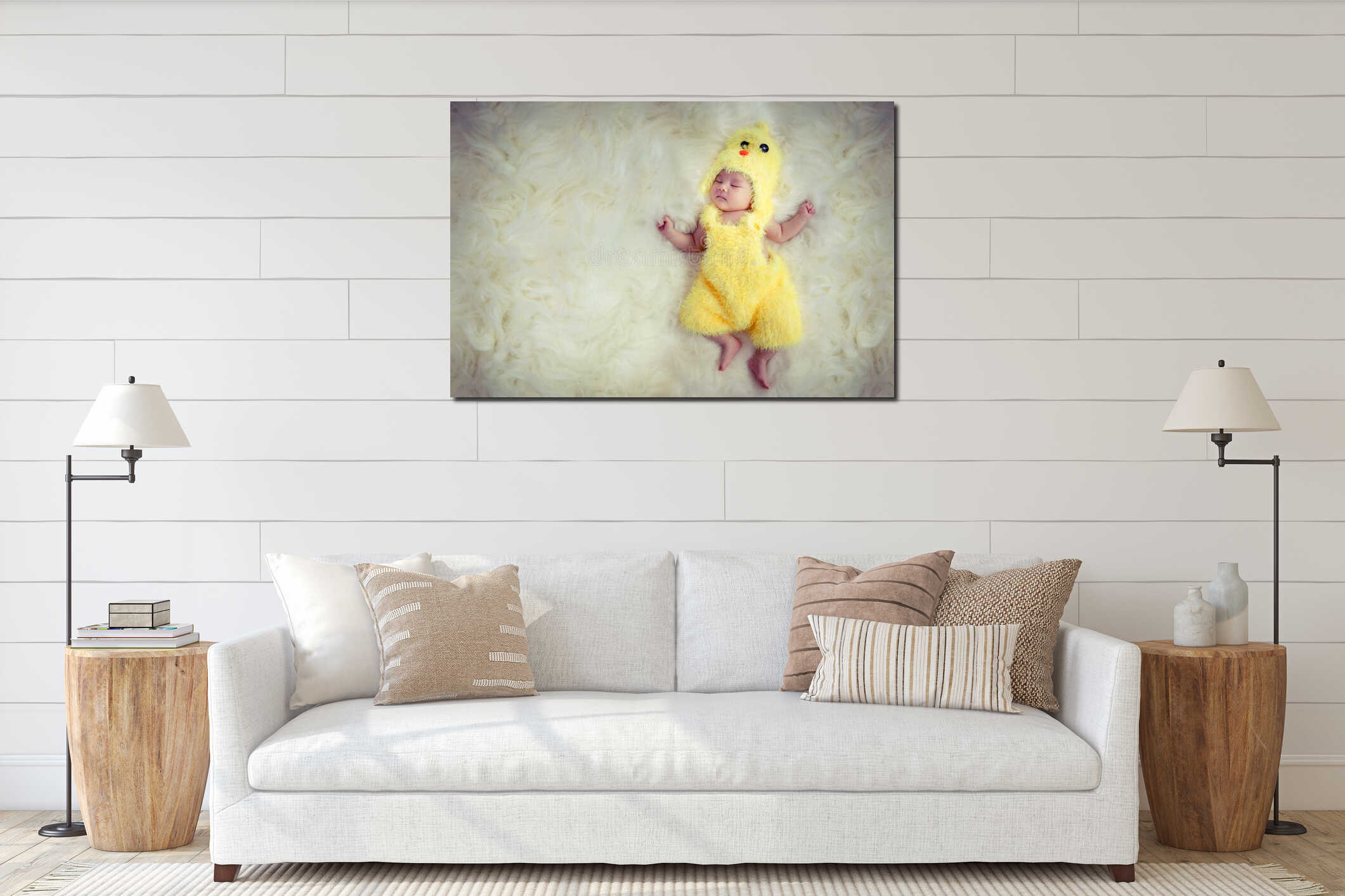 Newborn baby portrait. Happy sleeping lovely cute Asian baby wearing yellow chicken dress suite for Asia Chinese sign zodiac year interior mockup