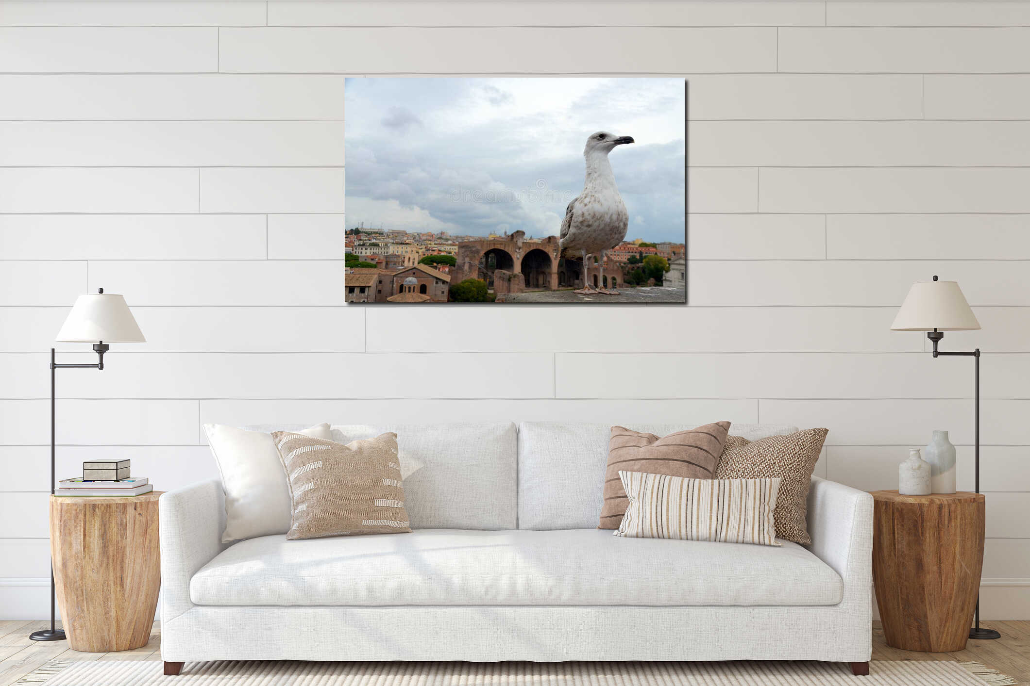 Seagull standing with background of Rome, Italy interior mockup