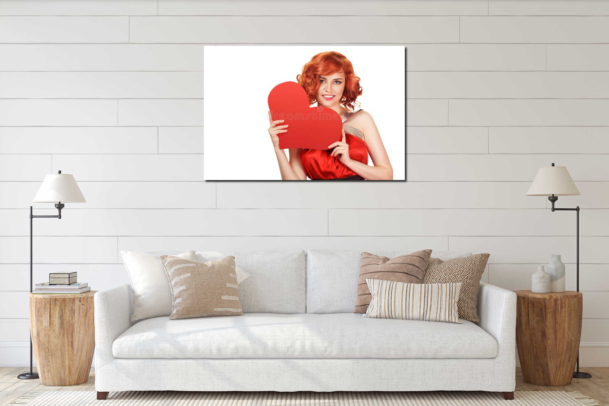 Portrait of smiling red hair woman holding big red heart. interior mockup