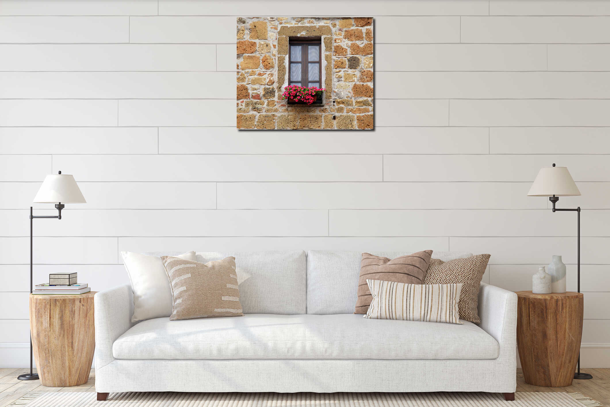 Italian window with nice flowers in old stone house, Tuscany, It interior mockup