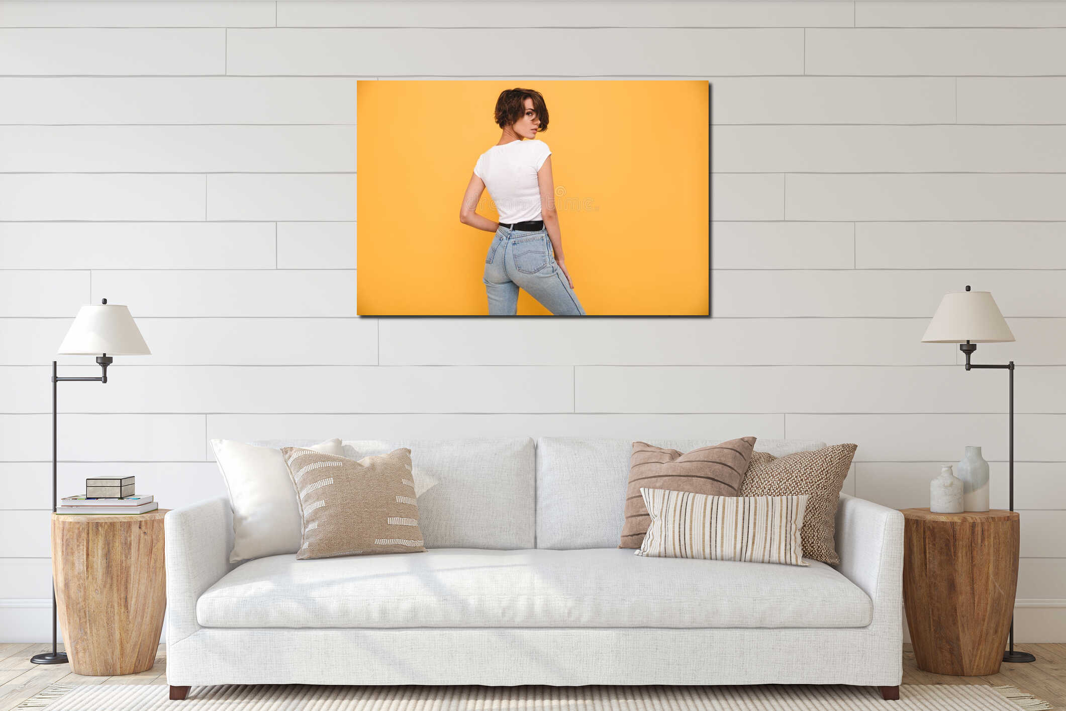 Back view portrait of a young girl in denim jeans interior mockup