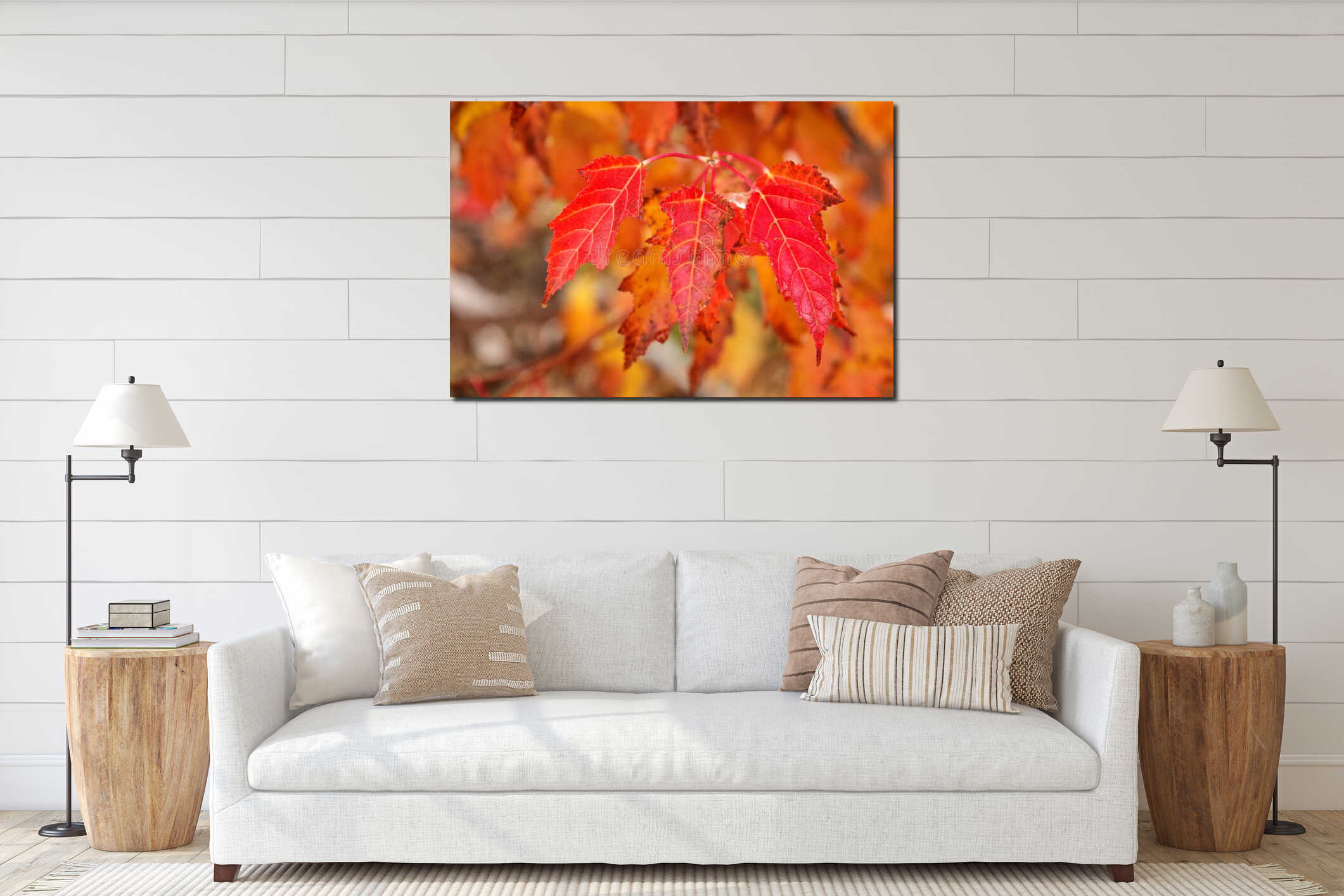Close-up of red amur maple tree leaves interior mockup