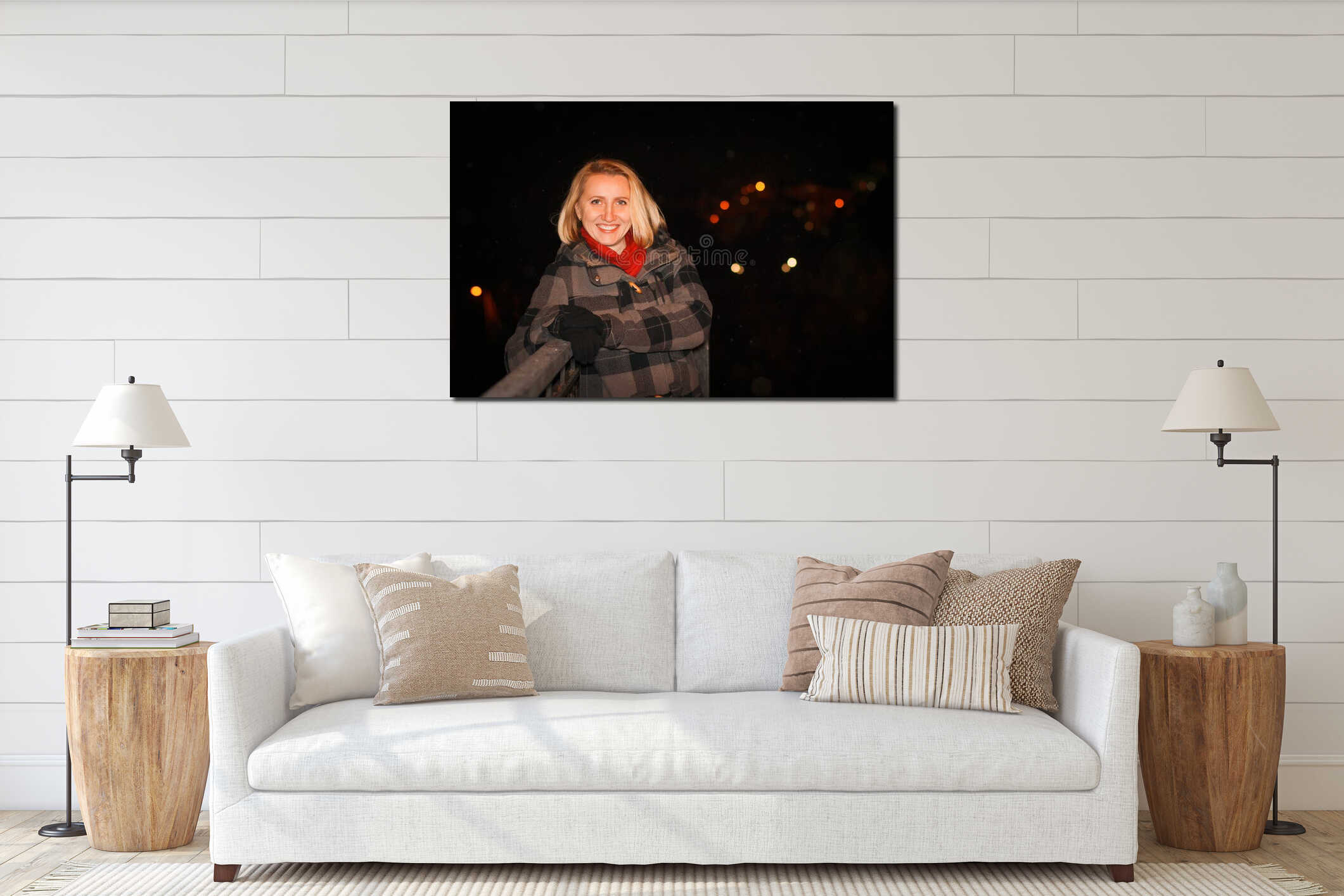 Night portrait blonde girl in a warm coat interior mockup