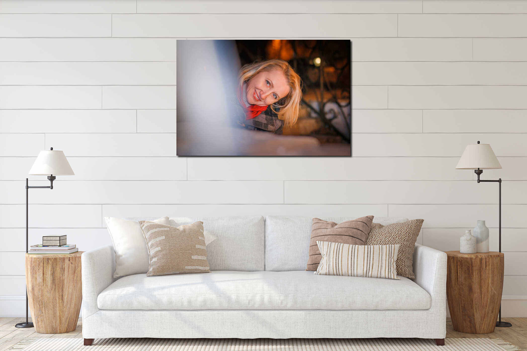 Night portrait blonde girl in a warm coat interior mockup