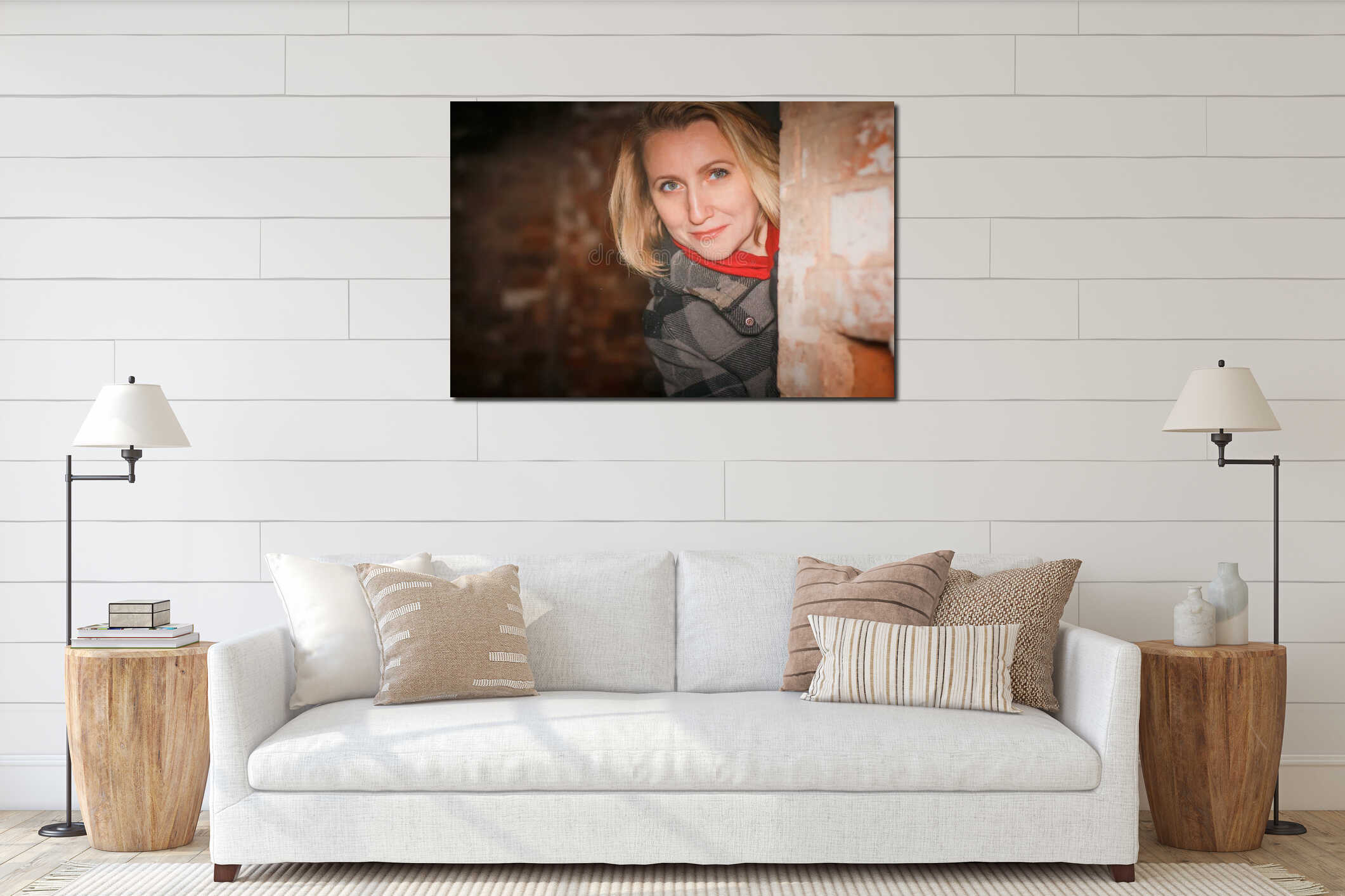 Night portrait blonde girl in a warm coat interior mockup