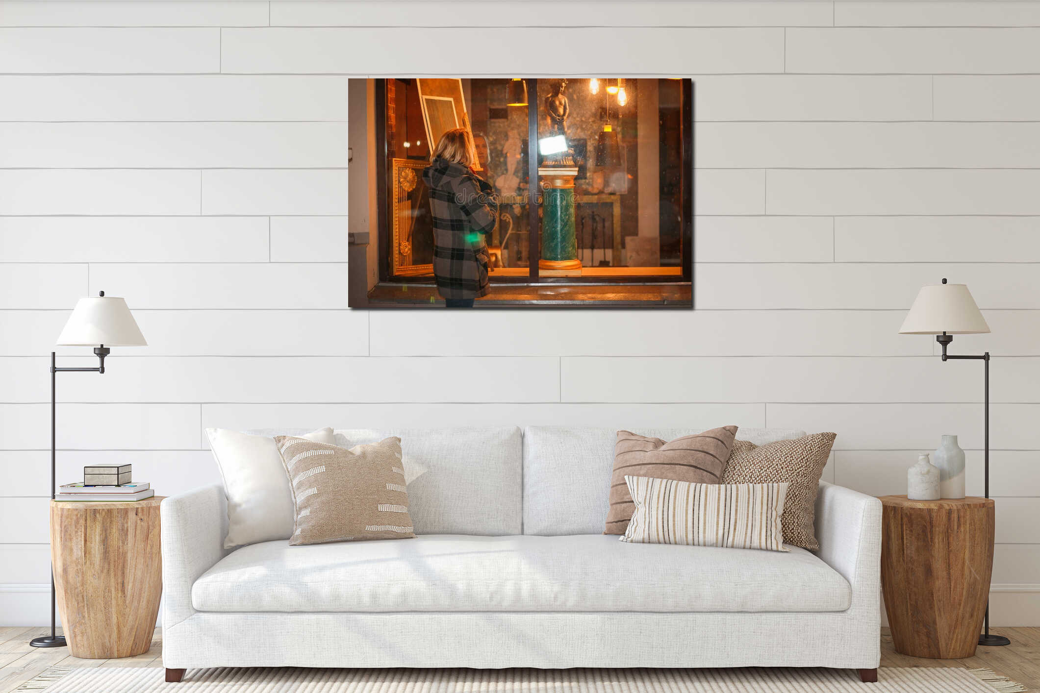Night portrait blonde girl in a warm coat interior mockup