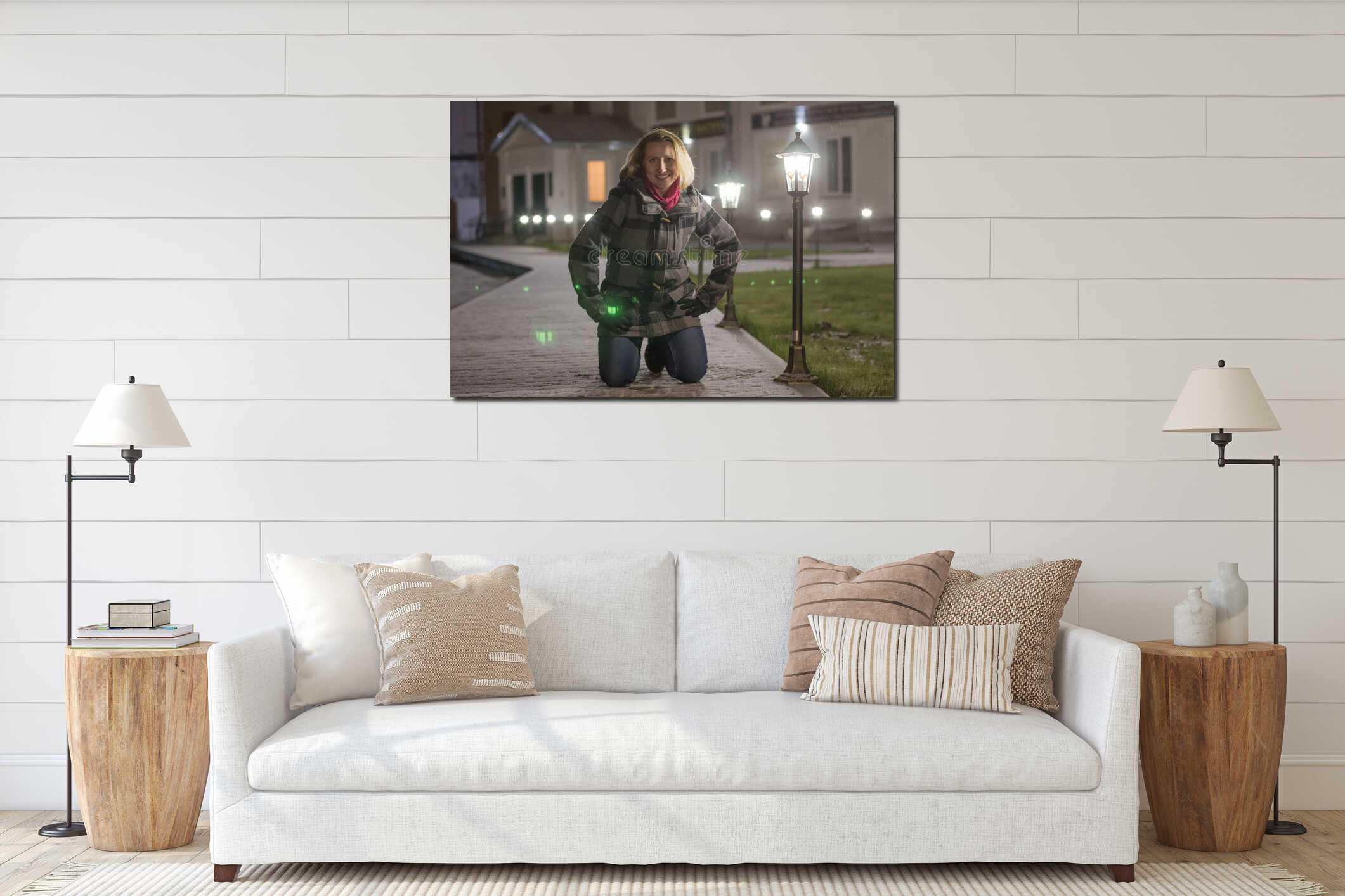 Night portrait blonde girl in a warm coat interior mockup