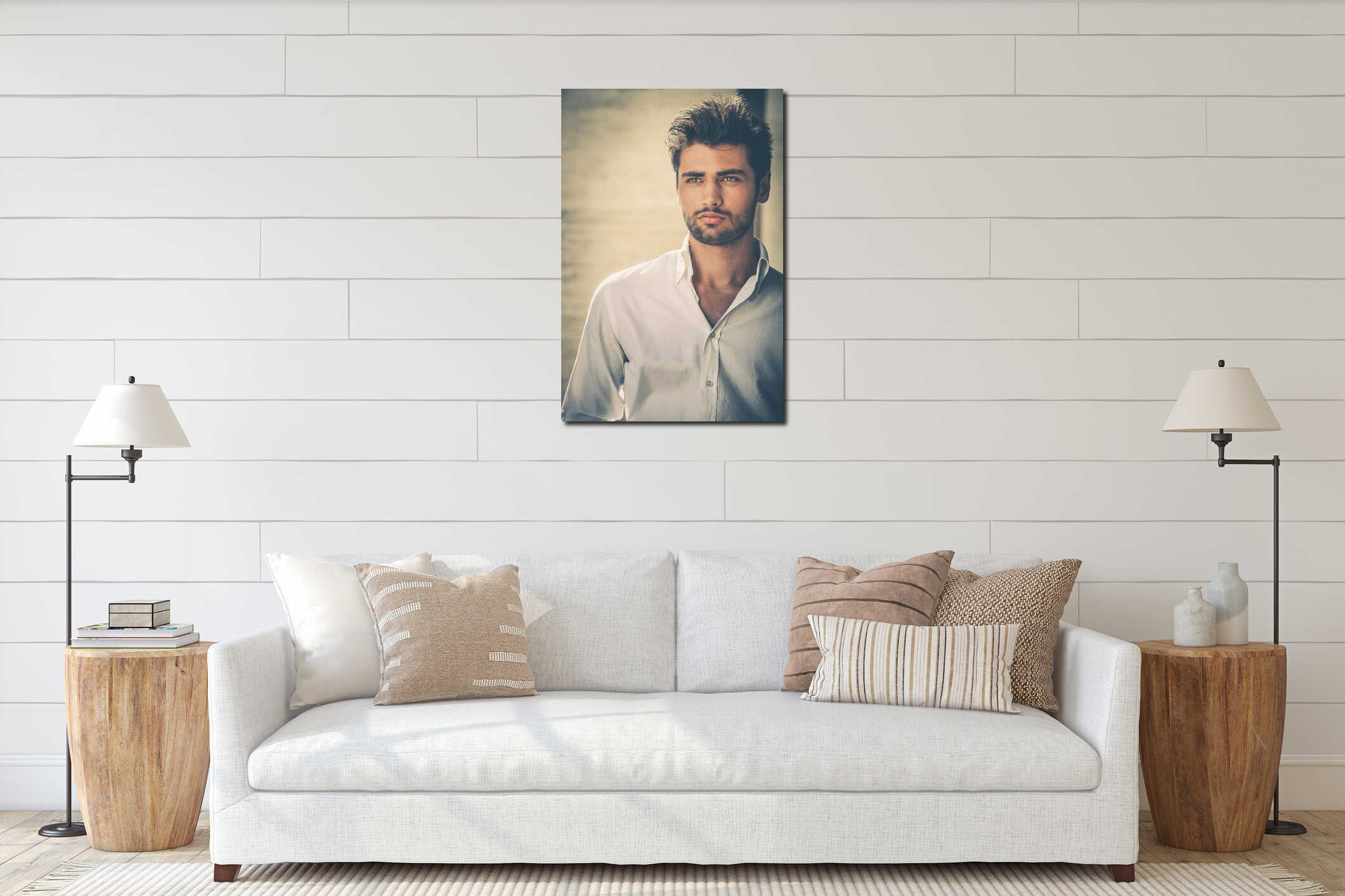 Handsome young man portrait. Intense look and eye-catching beauty interior mockup