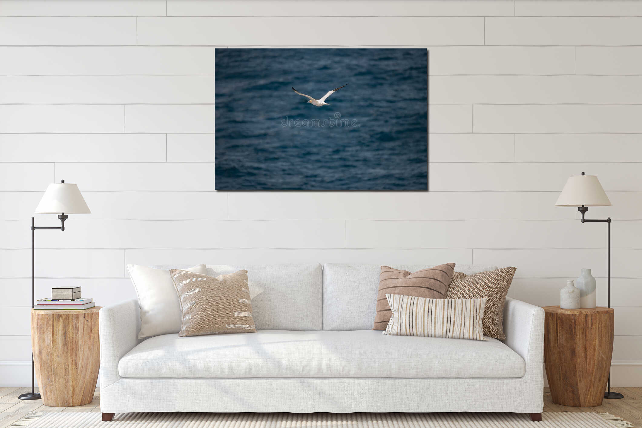 Flying Northern Gannet in Atlantic ocean following a boat interior mockup