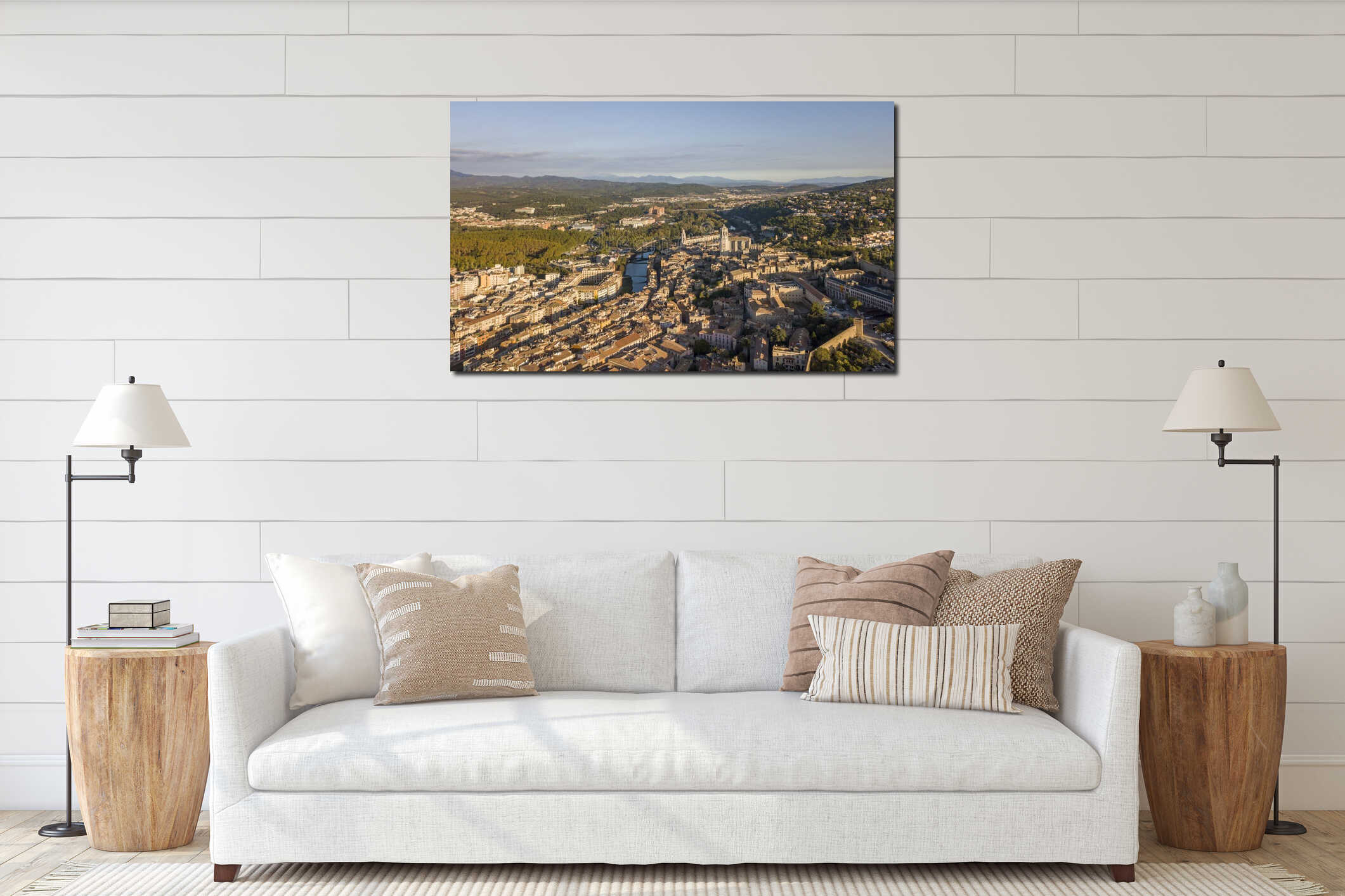 Aerial view of the historical part of Girona at sunrise interior mockup
