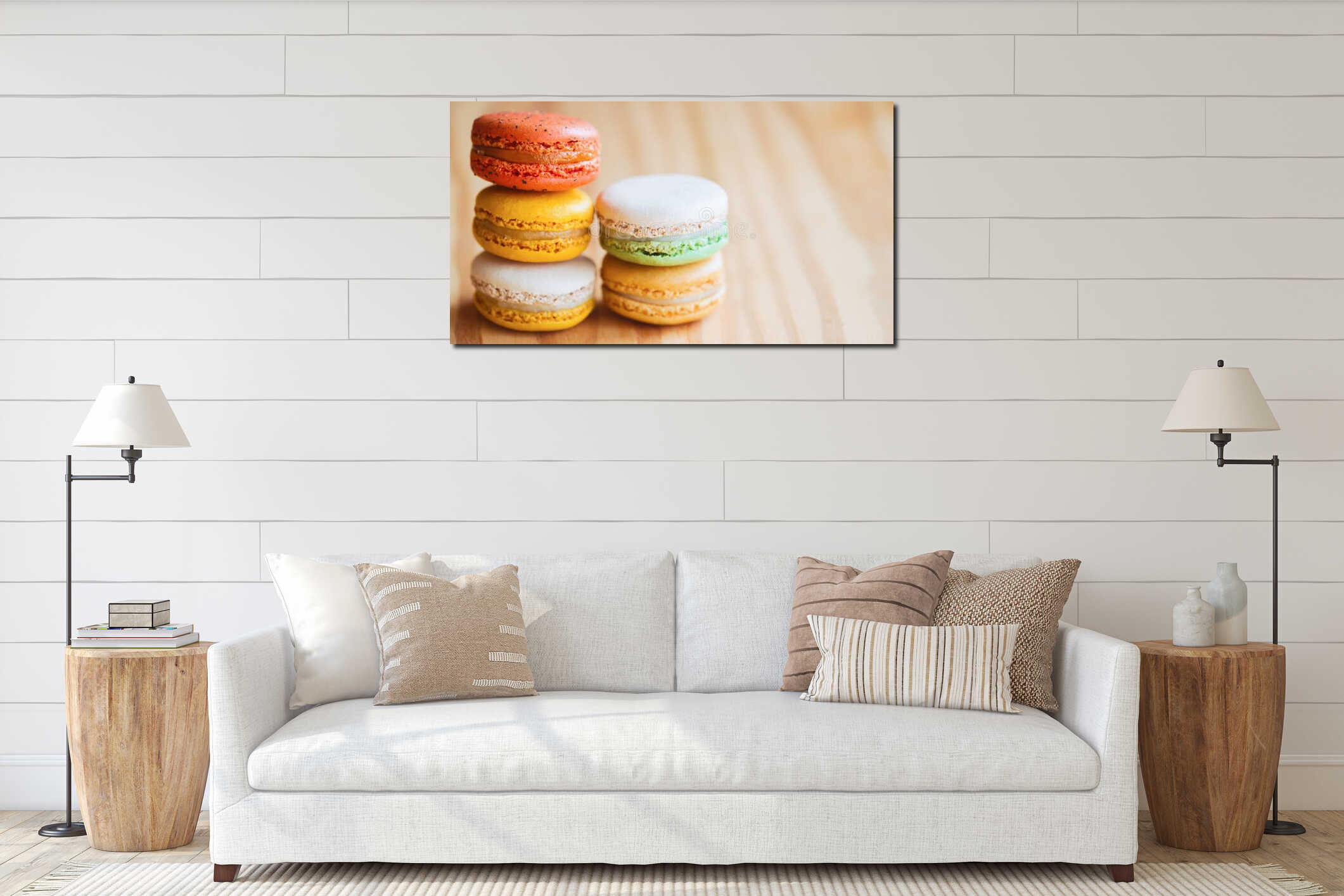 Close up colorful French or Italian macaron on wood table with c interior mockup