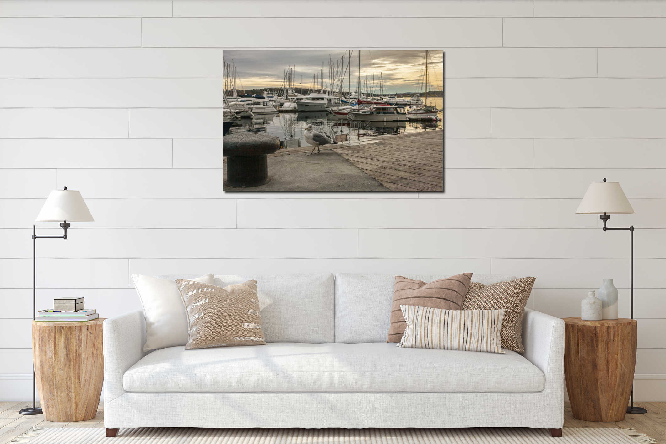 Oslo-fjord, seagull and the boats at sunset. interior mockup
