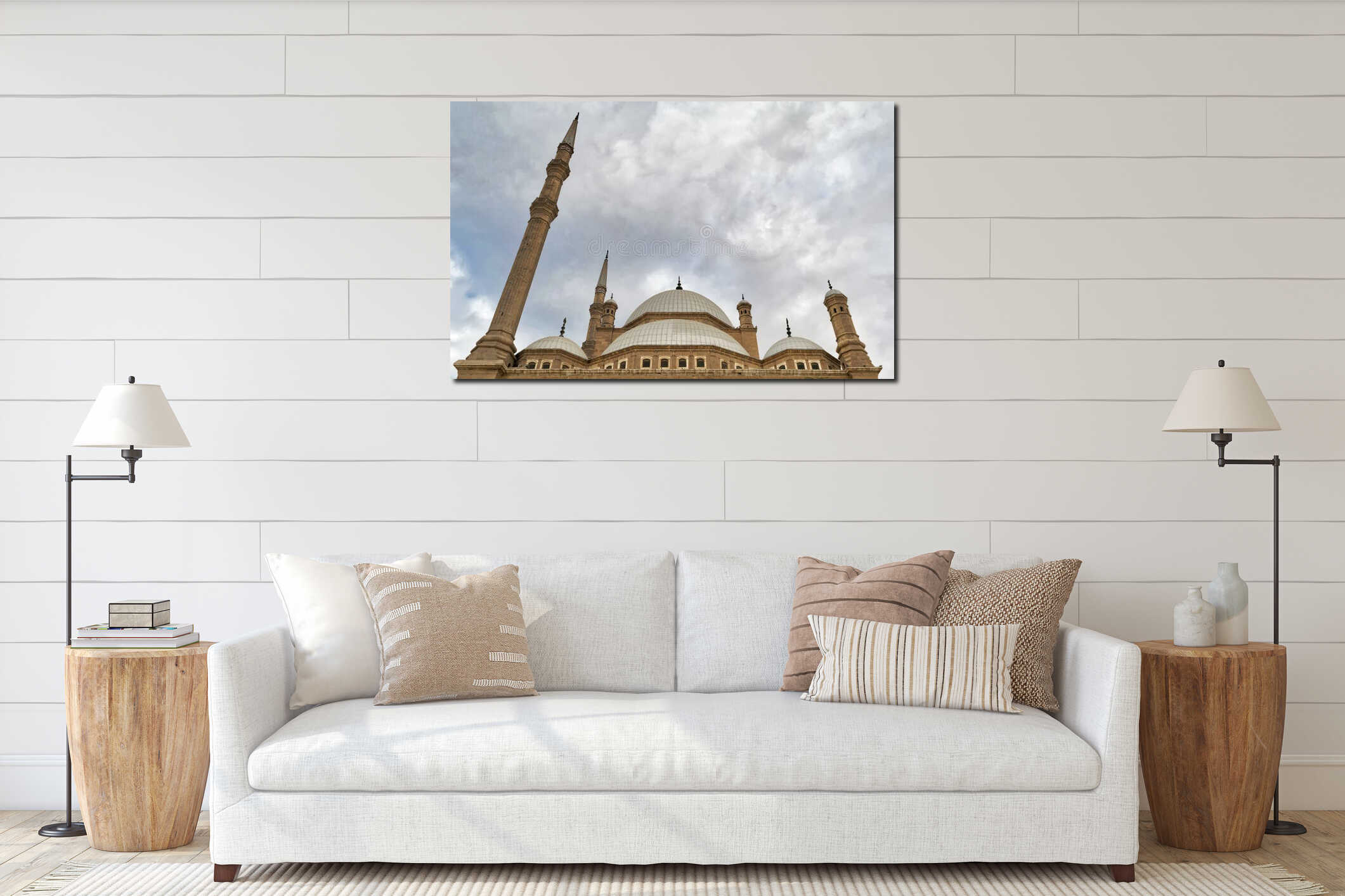 Exterior low angle day shot of domes of Mohamed Ali mosque Alabaster Mosque, Citadel of Cairo, Egypt interior mockup