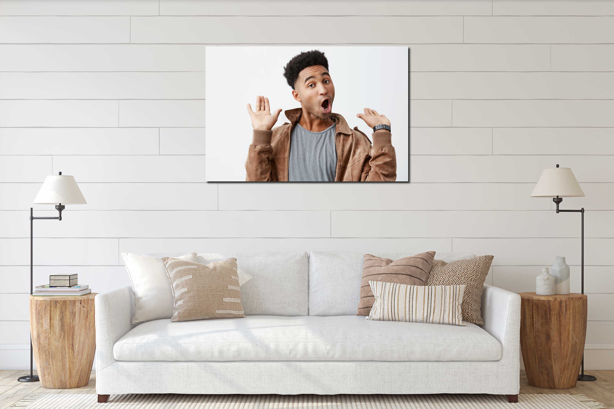 I`m out of this. Portrait of young funny dark-skinned african male with curly hair in grey t-shirt under brown jacket interior mockup