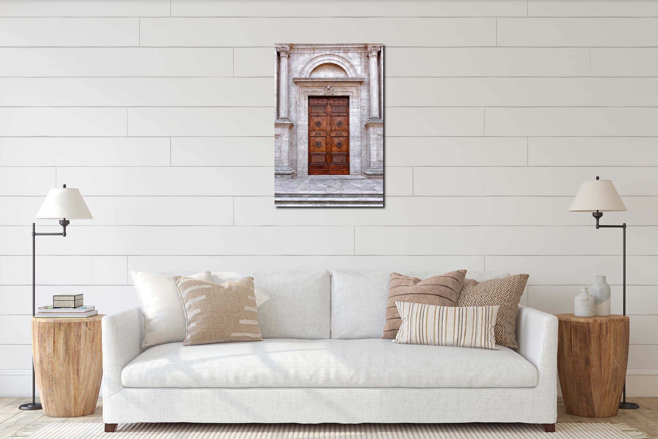 Large wooden door white marble church interior mockup