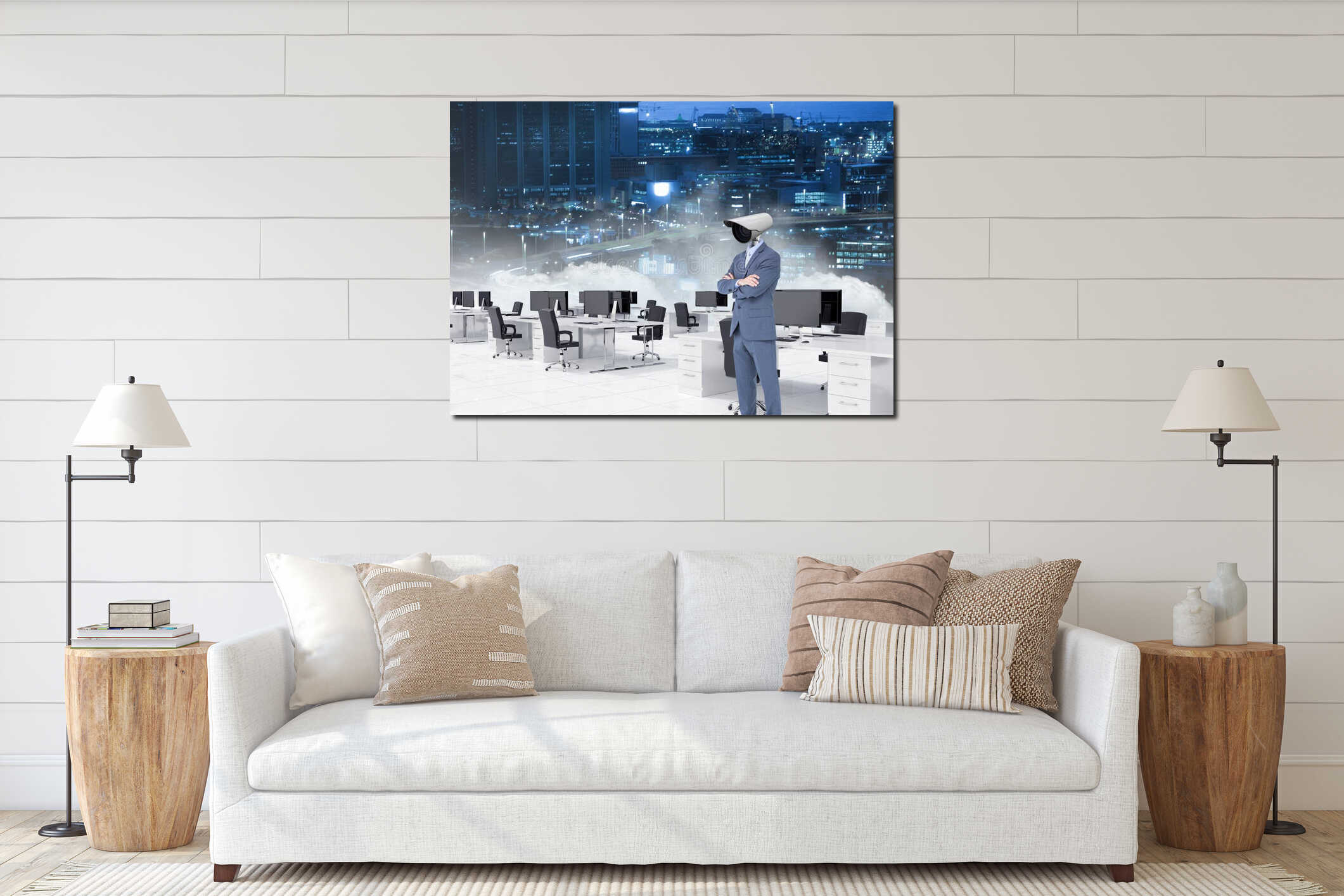 Businessman with CCTV head at office with city skyline interior mockup