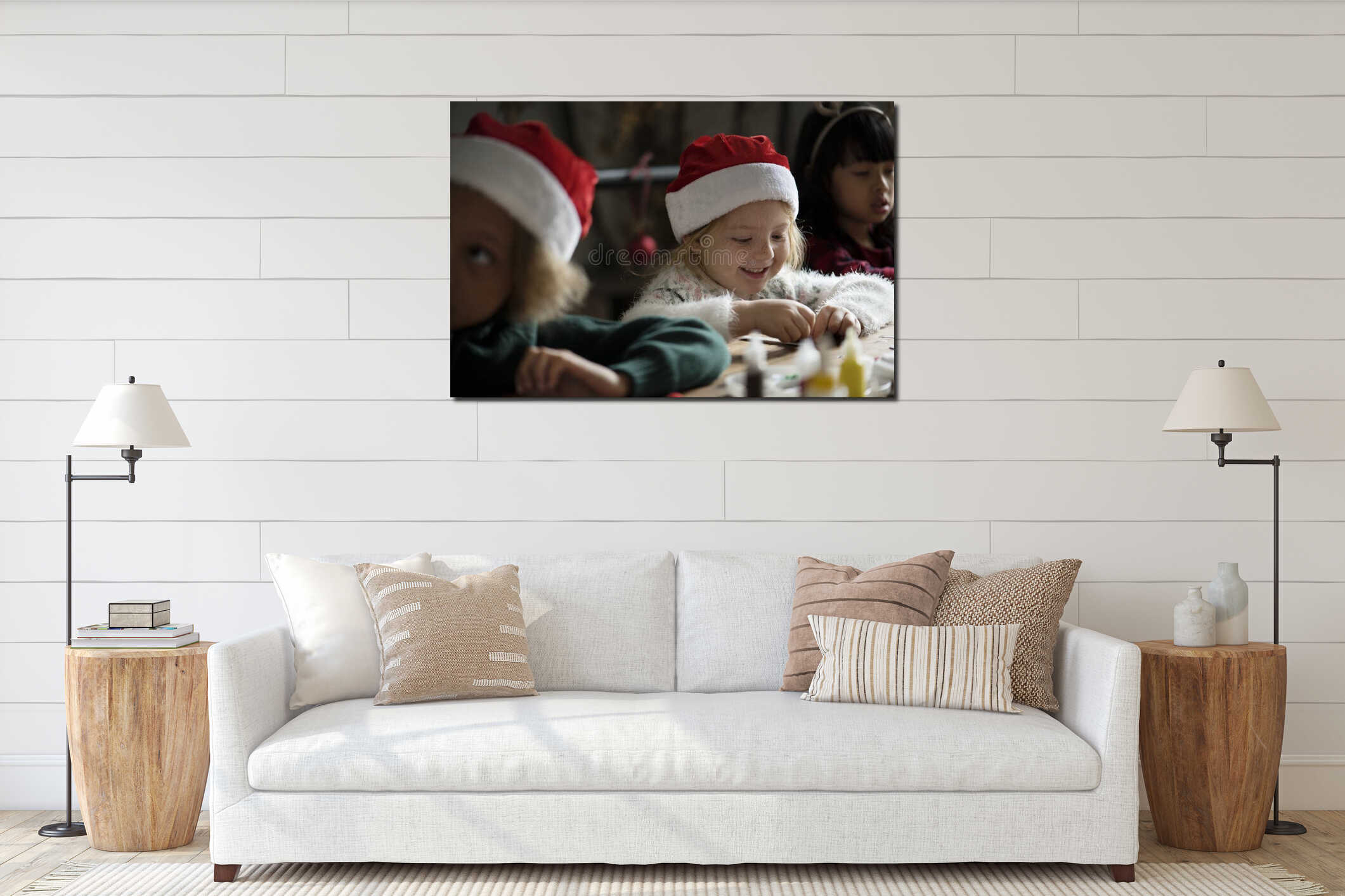 Adorable cheerful little girl wearing a santa hat interior mockup