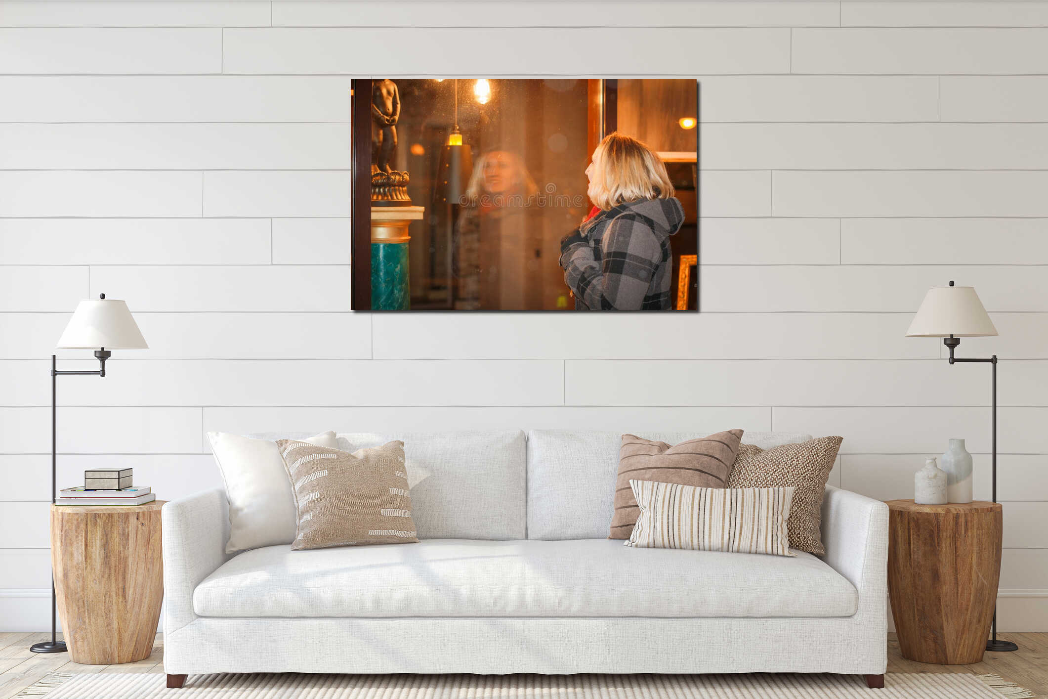 Night portrait blonde girl in a warm coat interior mockup